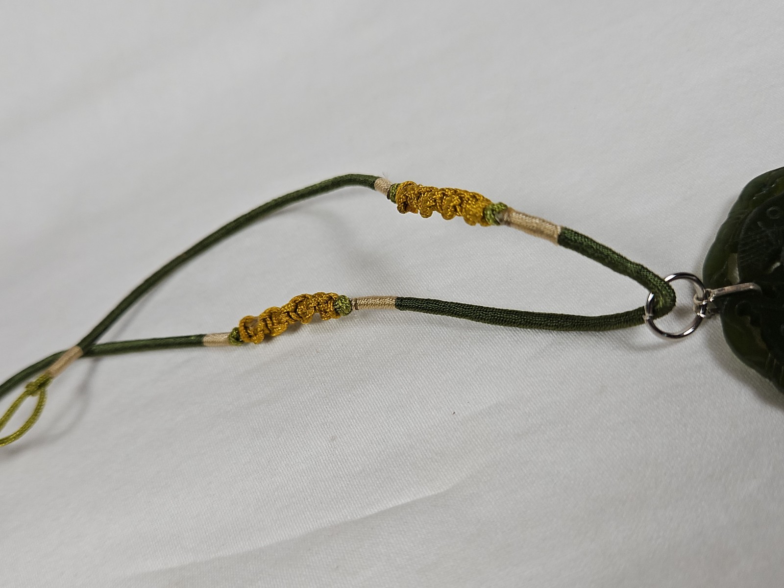 Asian Carved Stone Necklace Fish Prosperity Spinner Center Green Jade Jadeite