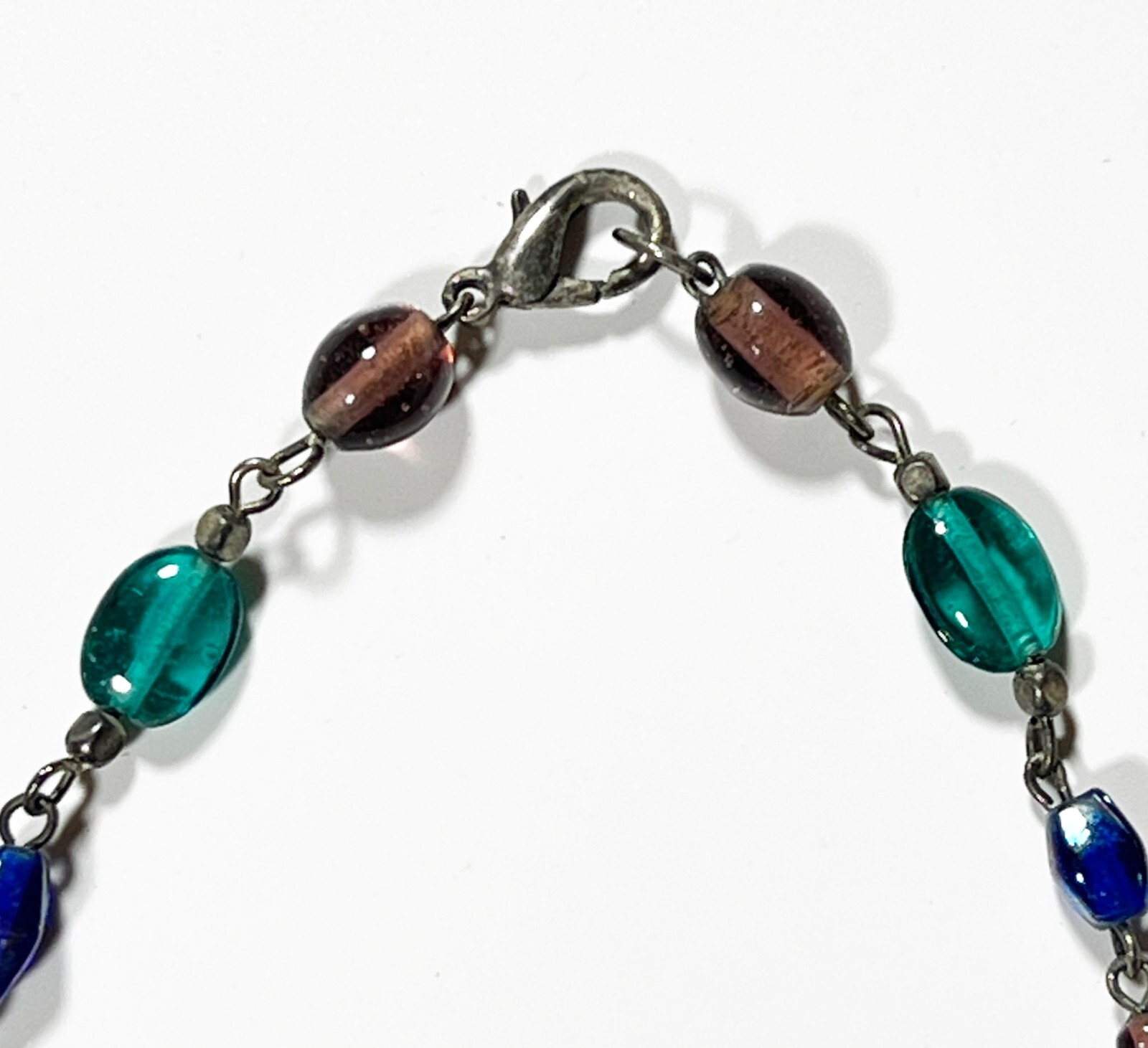Vintage Blue, Green, Red Bauble & Tribal Silver Nugget Beaded Link Necklace