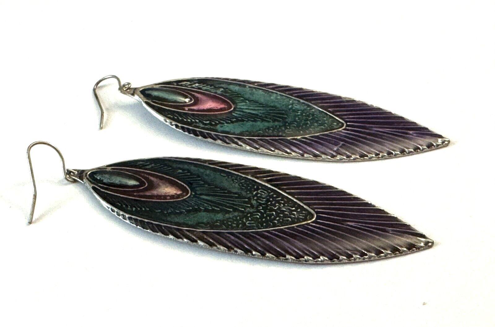 Peacock Design Green Purple Pink Enamel Feather Dangle Pierced Earrings Estate
