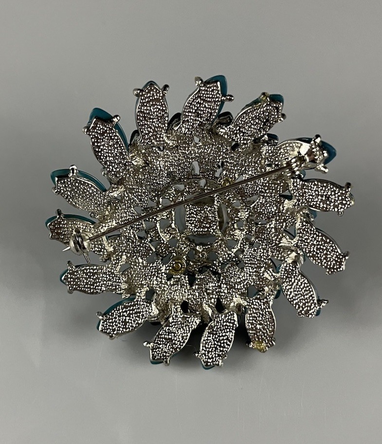 Large Retro Teal Blue Faux Turquoise Flower Brooch Tiered Silver Tone Sunburst