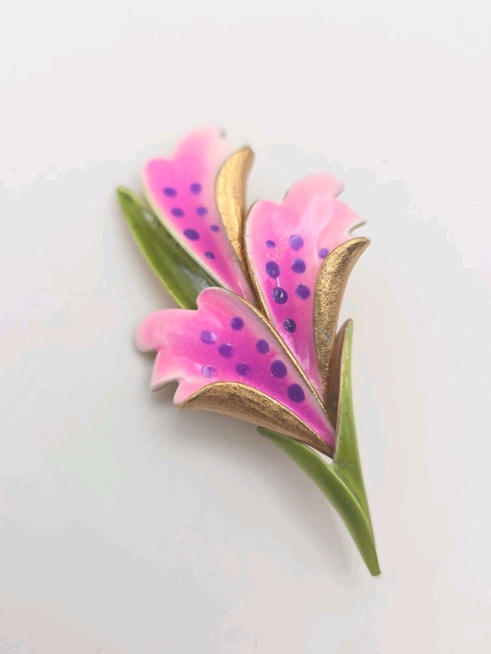 Vintage Corocraft Enameled Pink Purple Lily Orchid Retro Brooch Gold Tone Signed