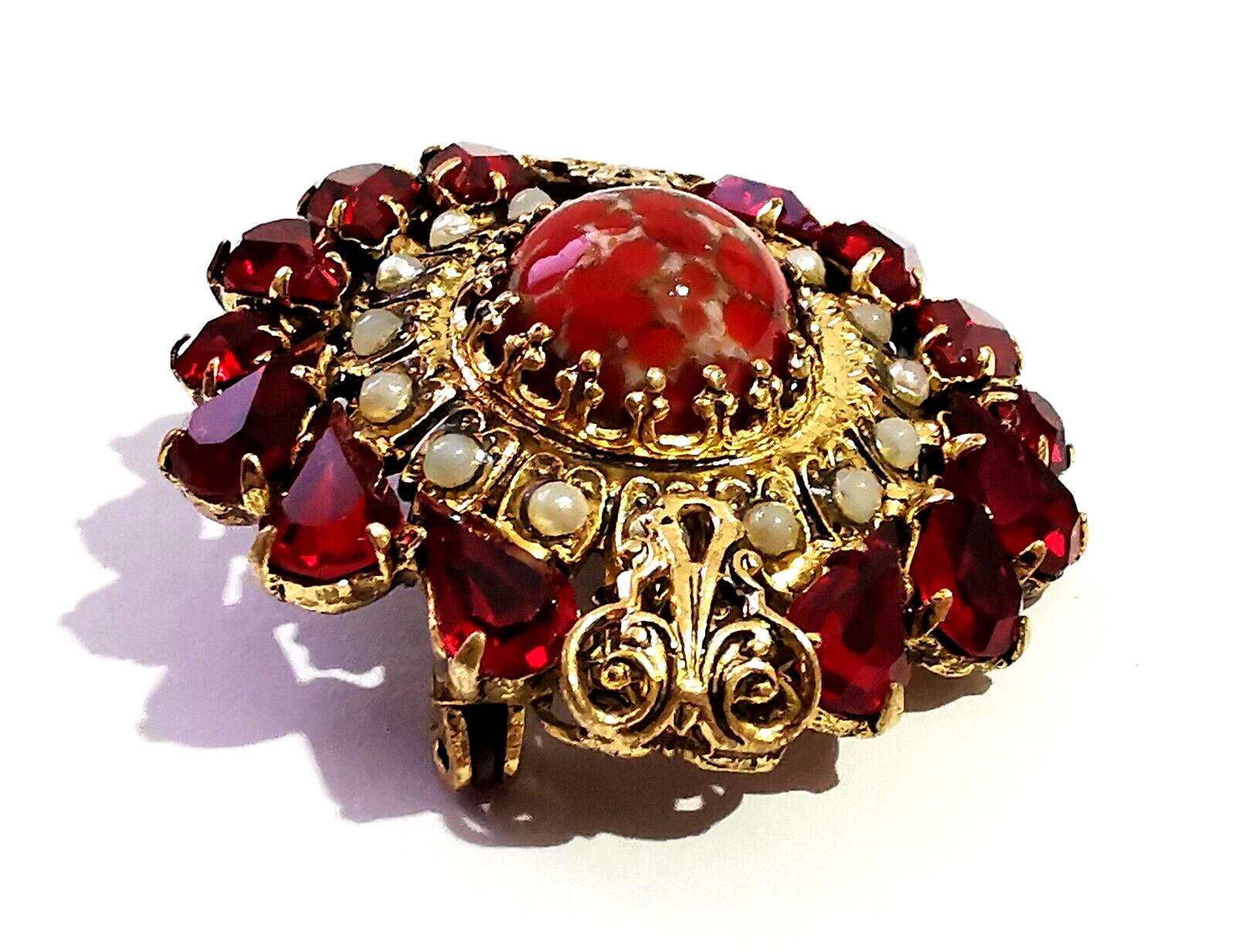 Vintage Czech Red Glass Brooch Pin Gilded Brass Faux Pearls Central Art Glass