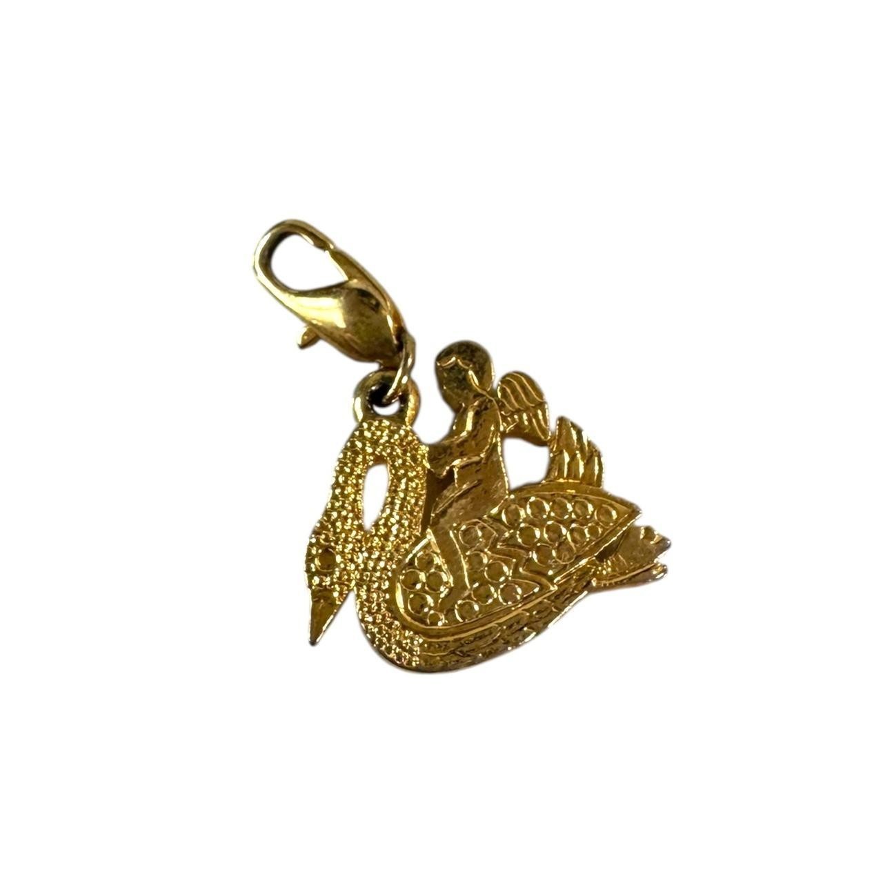 Vintage gold tone Charm Lobster Claw Clasp Cherub Riding Swan .75” Rhinestone
