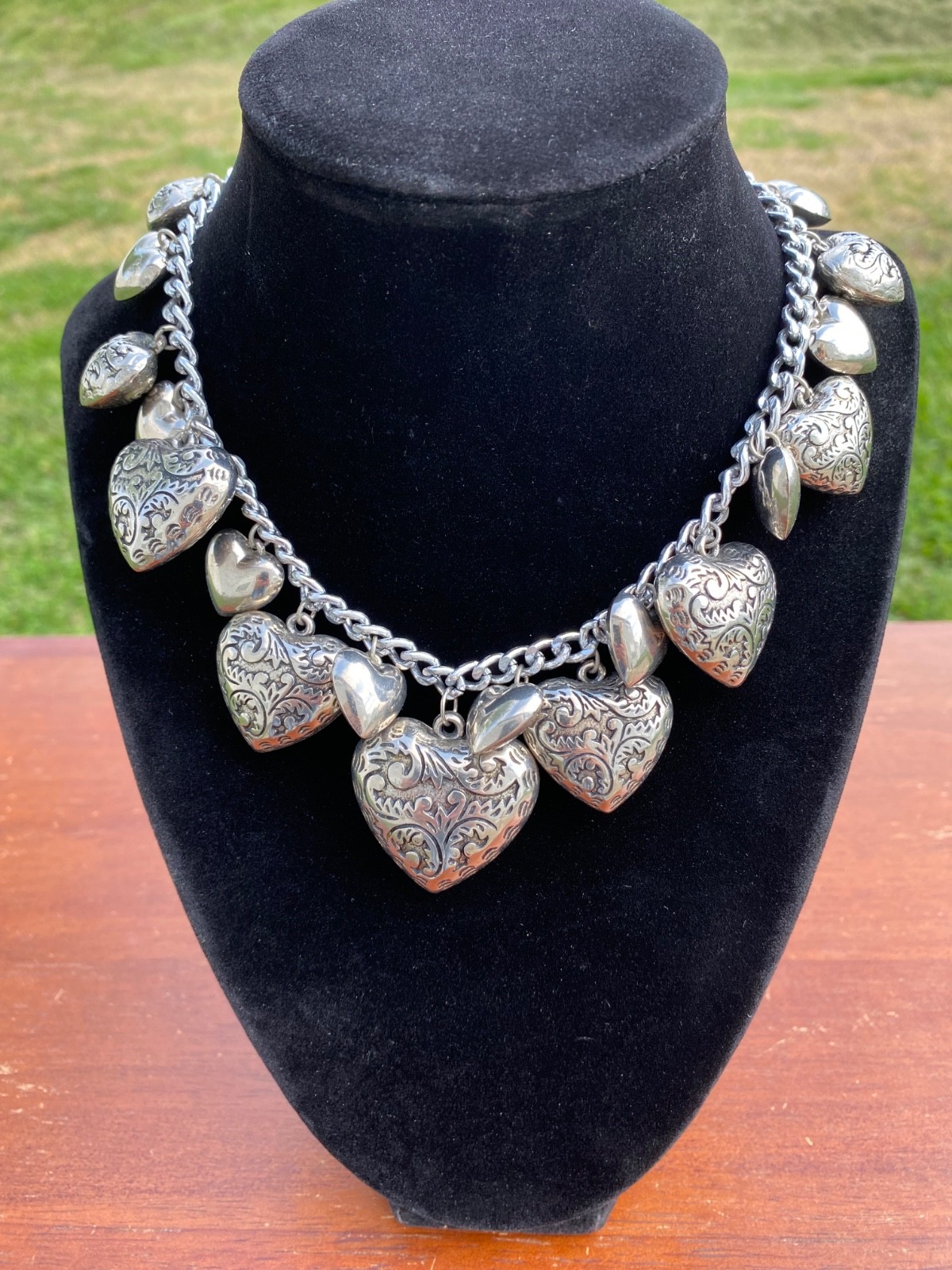 Necklace Chain Victorian Hearts Silver Tone Vintage