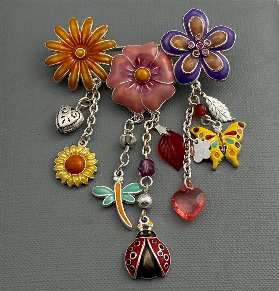 Vintage Multicolor Enamel Flowers, Bug, Butterfly, Hearts Charm Dangle Brooch