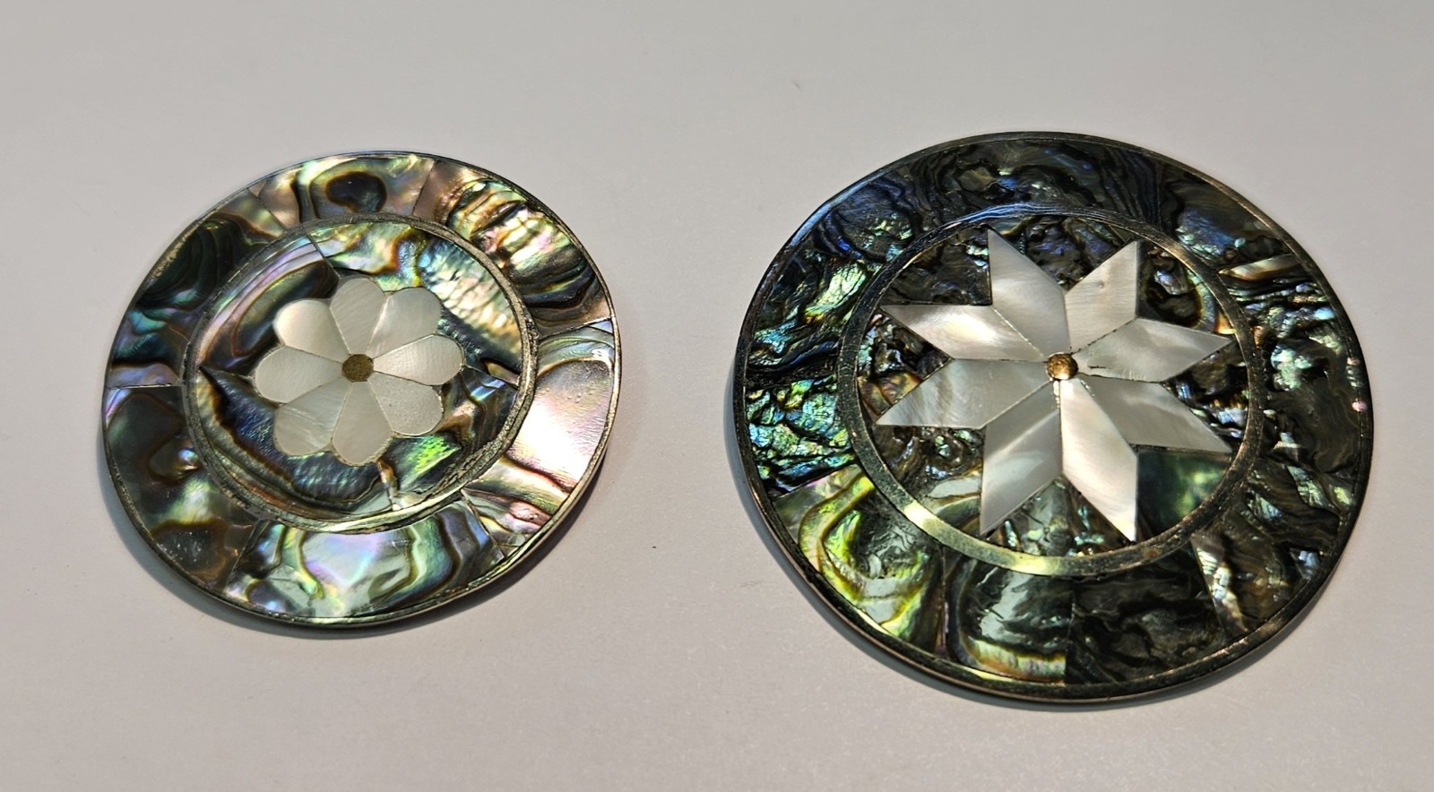 VINTAGE (2) MOTHER OF PEARL INLAID PINS/PENDANTS STAMPED ALPACA MEXICO