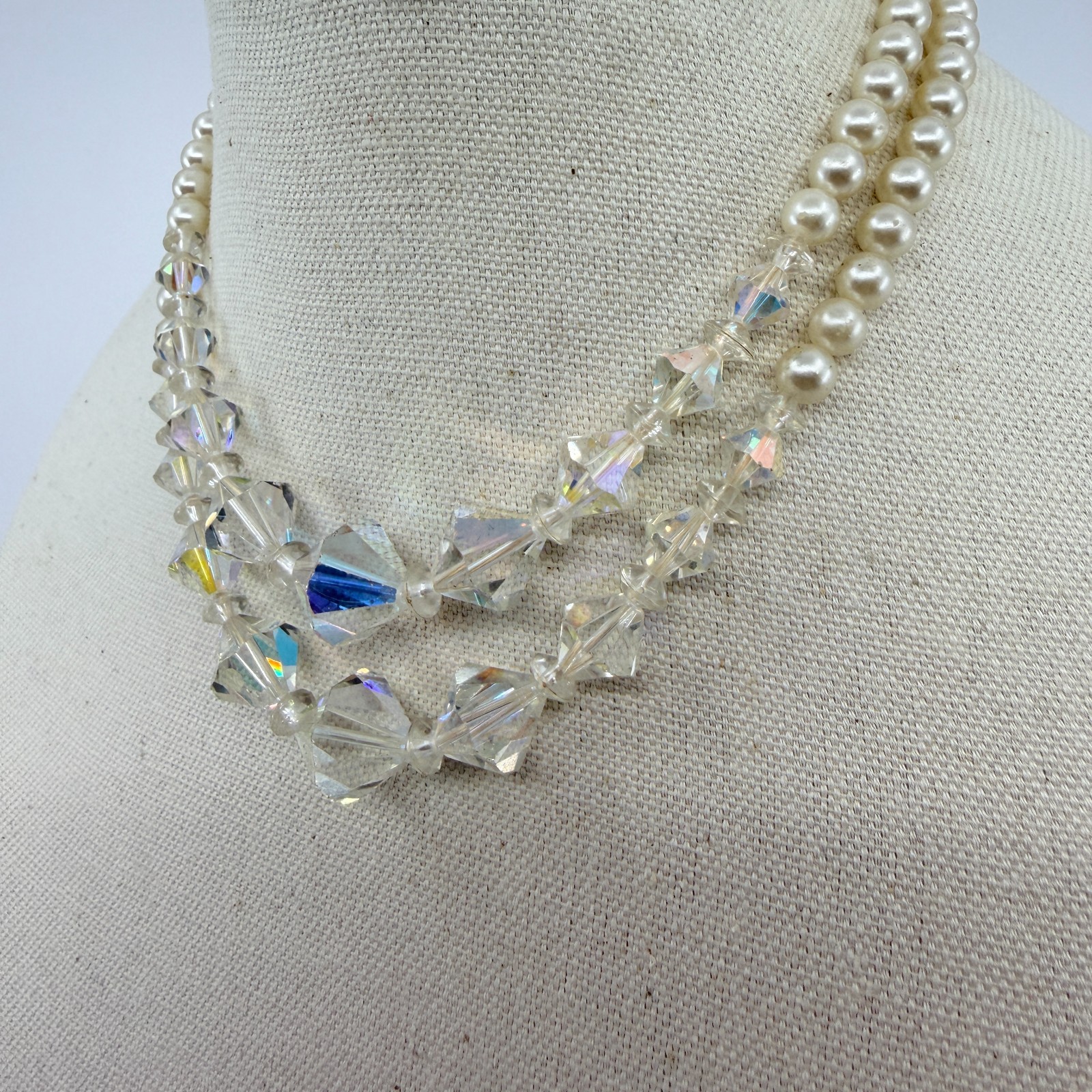Vintage Aurora Borealis AB Glass Crystal Faux Pearl Layered Strand Choker Retro