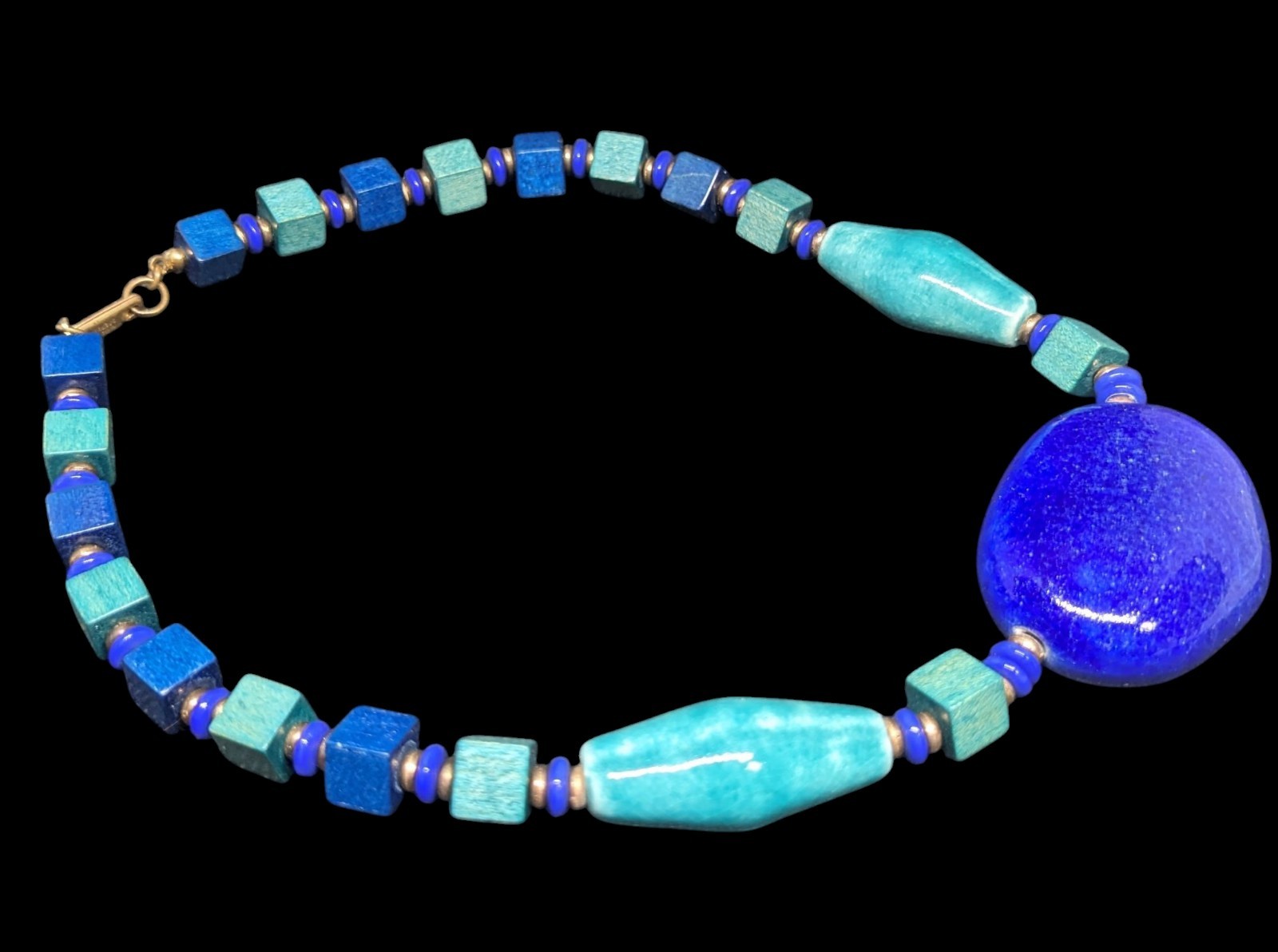 Vintage Miriam Haskell Blue Green Ceramic Wood Egyptian Revival Choker Necklace
