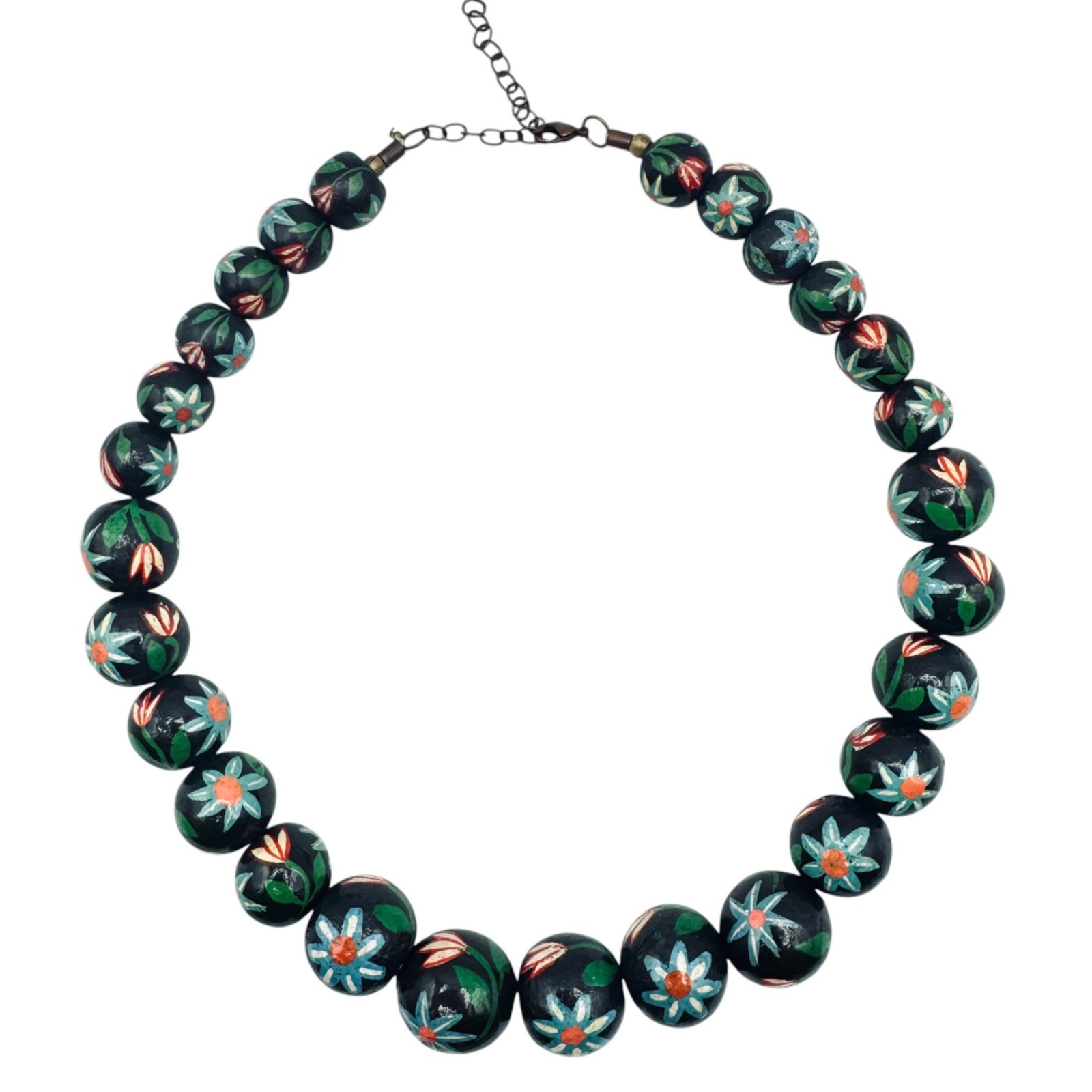Vintage Chunky Hand Painted Wood Bead Necklace Black Multi-Color Floral BOHO