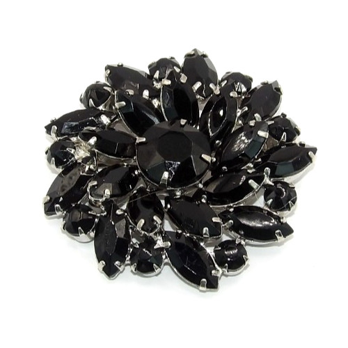 Vintage Juliana Prong-Set Jet Black Art Glass 2″ Silvertone Cluster Brooch Pin