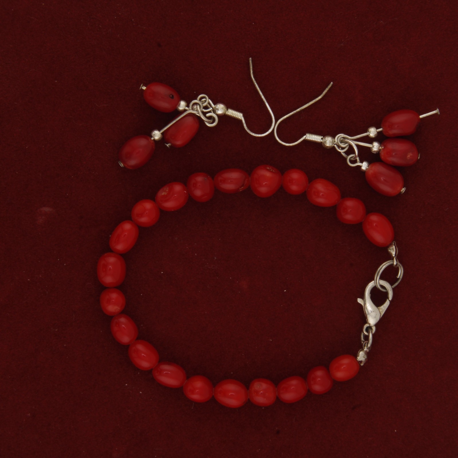 Vintage Red Coral Beaded Bracelet and Earrings
