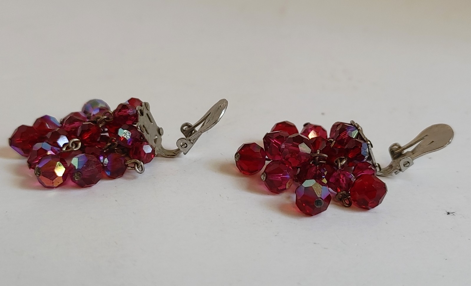 Signed Laguna Red AB Crystal Clip Earrings Vintage 50s 60s Cluster Dangle ChaCha