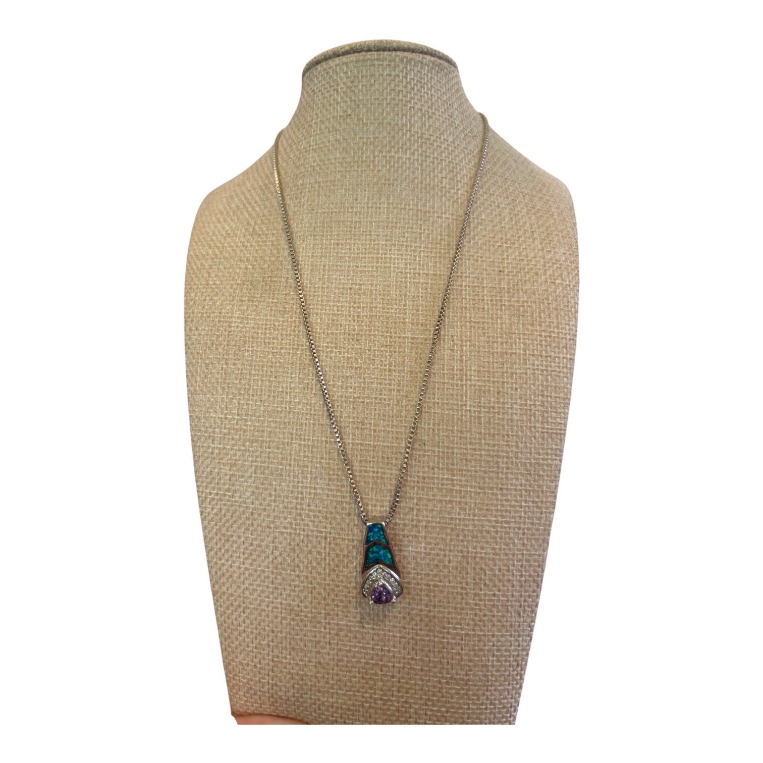 925 Silver Blue Opal Chevron Necklace Purple Teardrop Art Deco Glam
