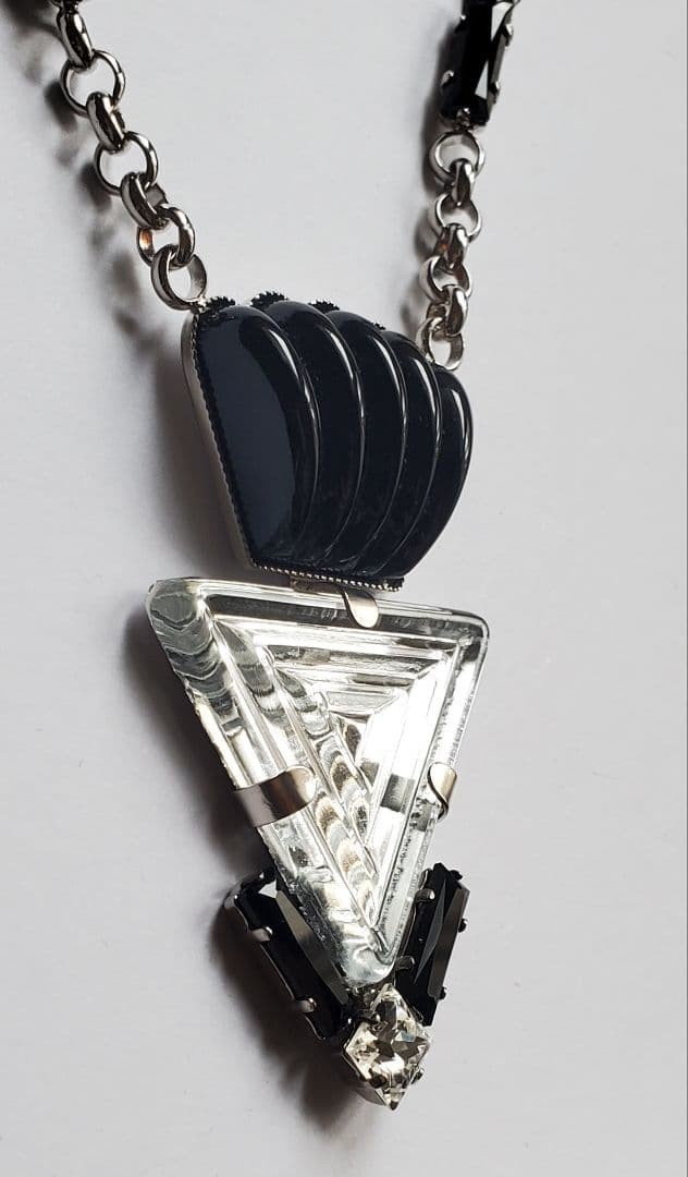 Philippe Ferrandis Necklace Pendant Art Deco Triangle Clear Black H-45cm