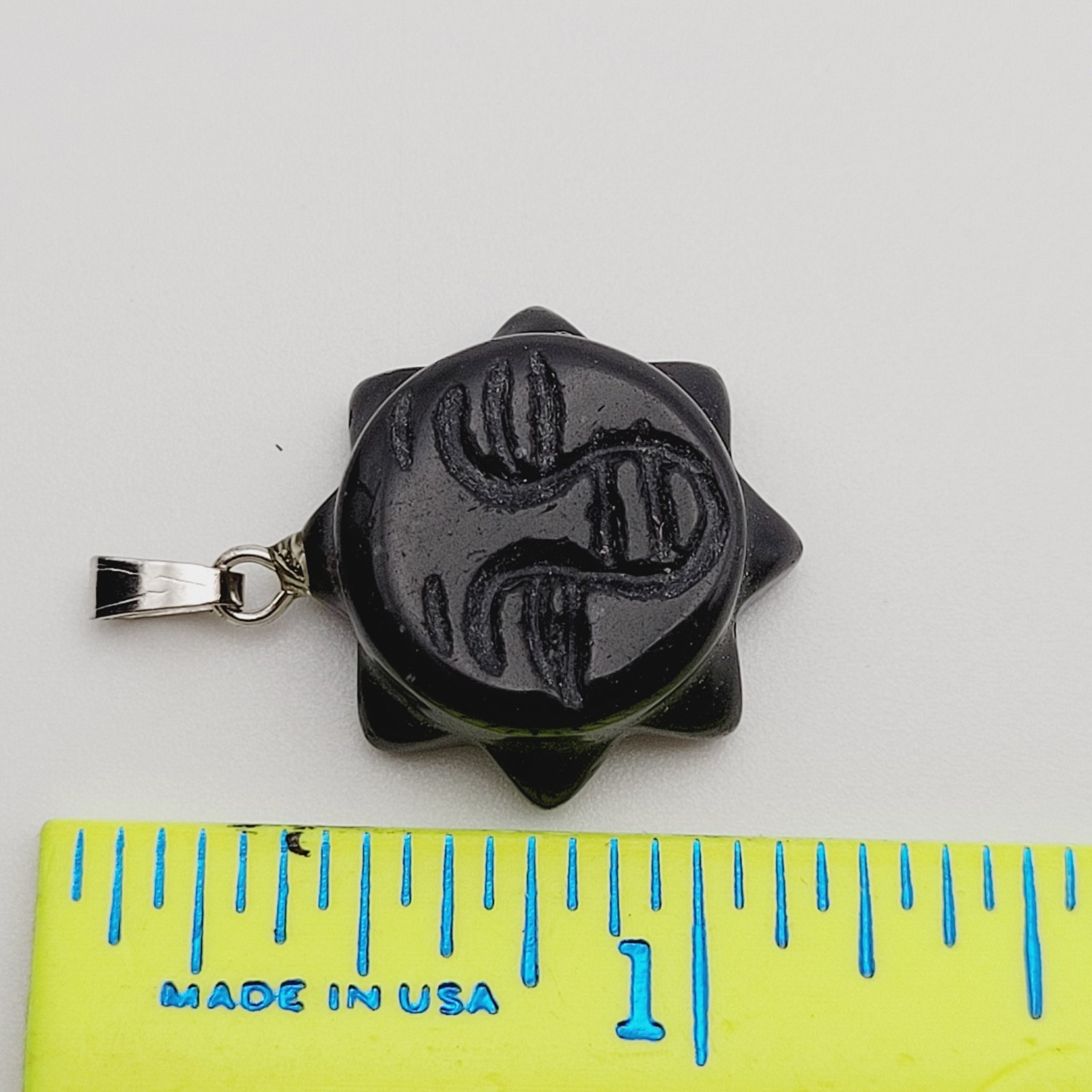 Obsidian Sun Face Black Carved Stone Silver Tone Bail Pendant Charm No Chain