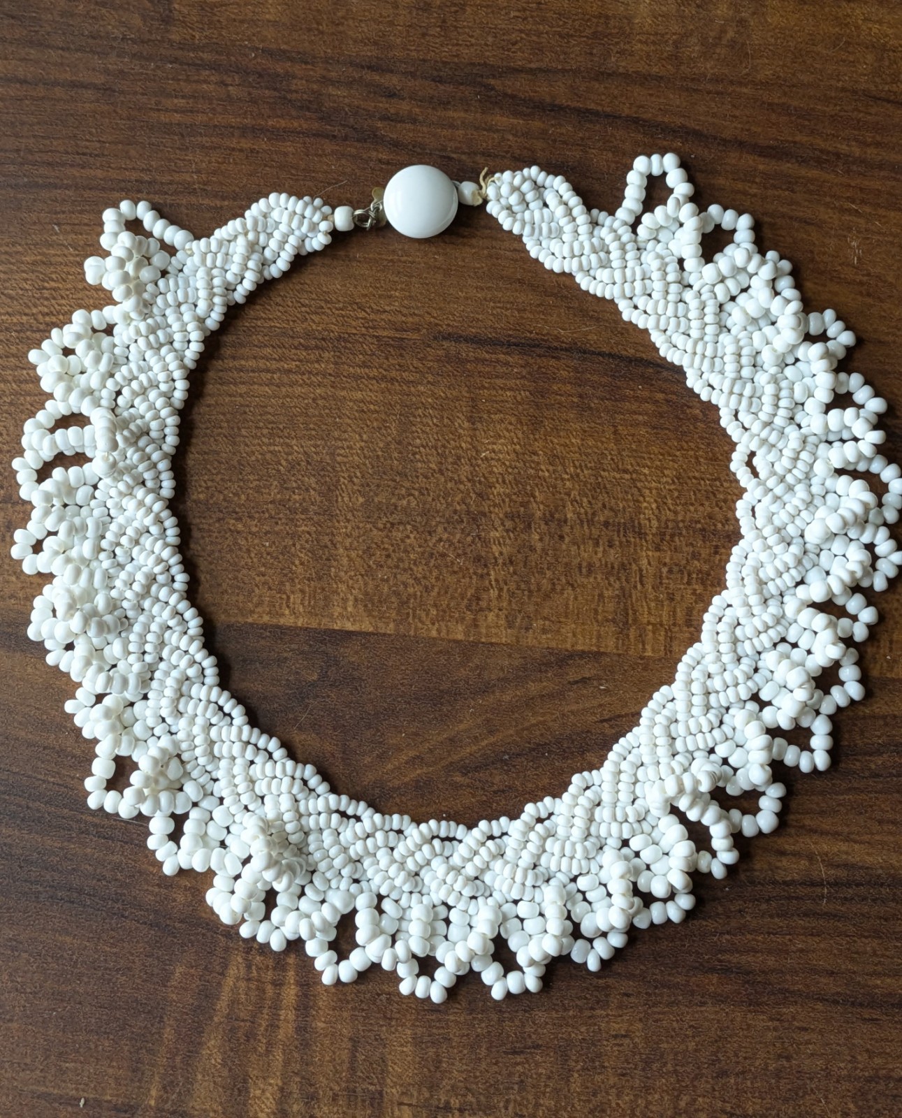 Vtg Japan MCM White Braided Seed Bead Scallop Fringe Collar 15″ Necklace AS IS