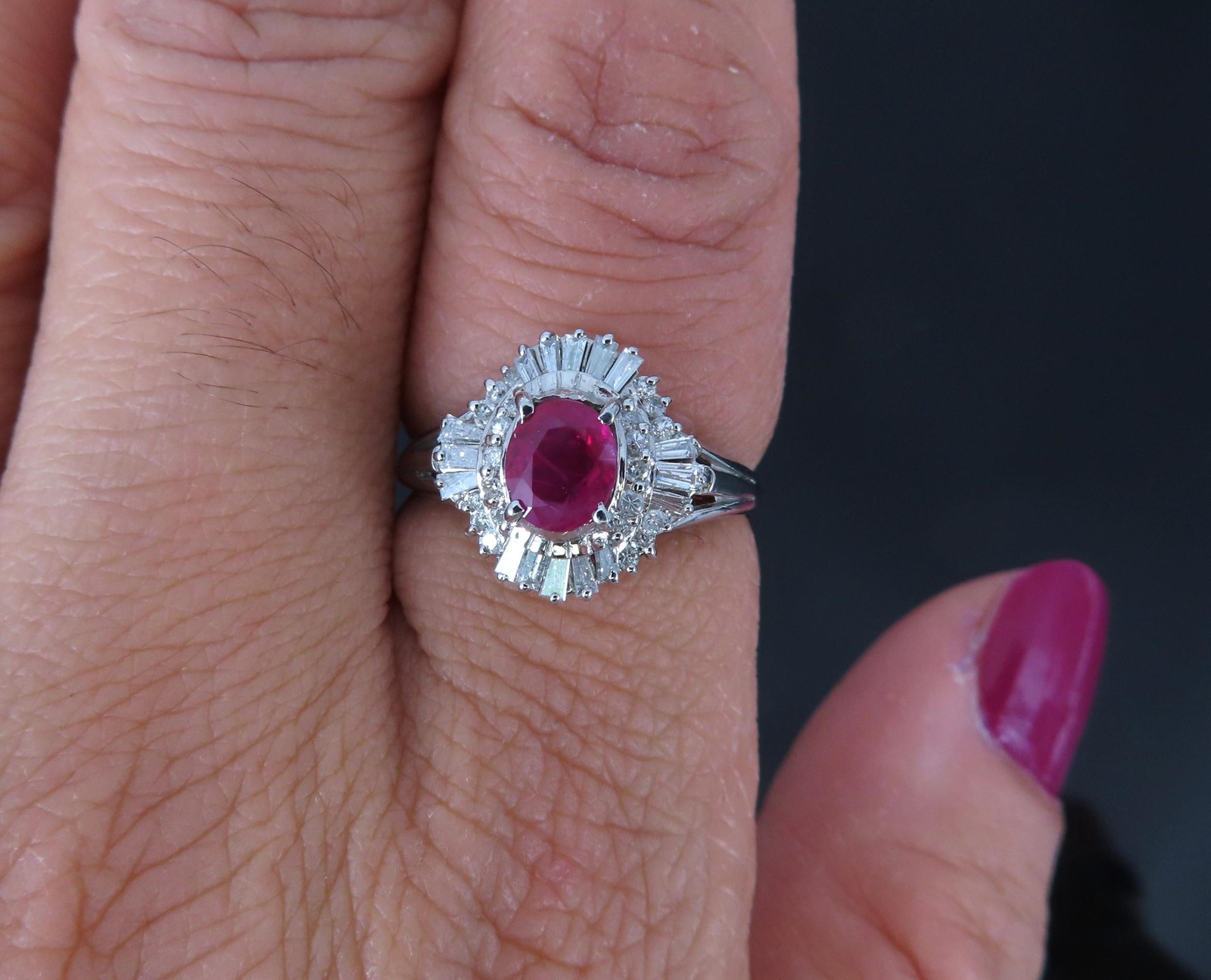 Fine 0.77ct Intense Red Ruby & 0.35ct Diamond Platinum Cocktail Ring Size 6.75