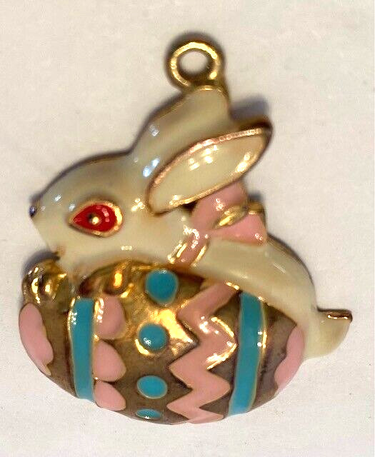 Vintage Gold Tone/Enamel Blue/Pink/Ivory/Red Bunny/Easter Egg 1.5 Inch Pendant