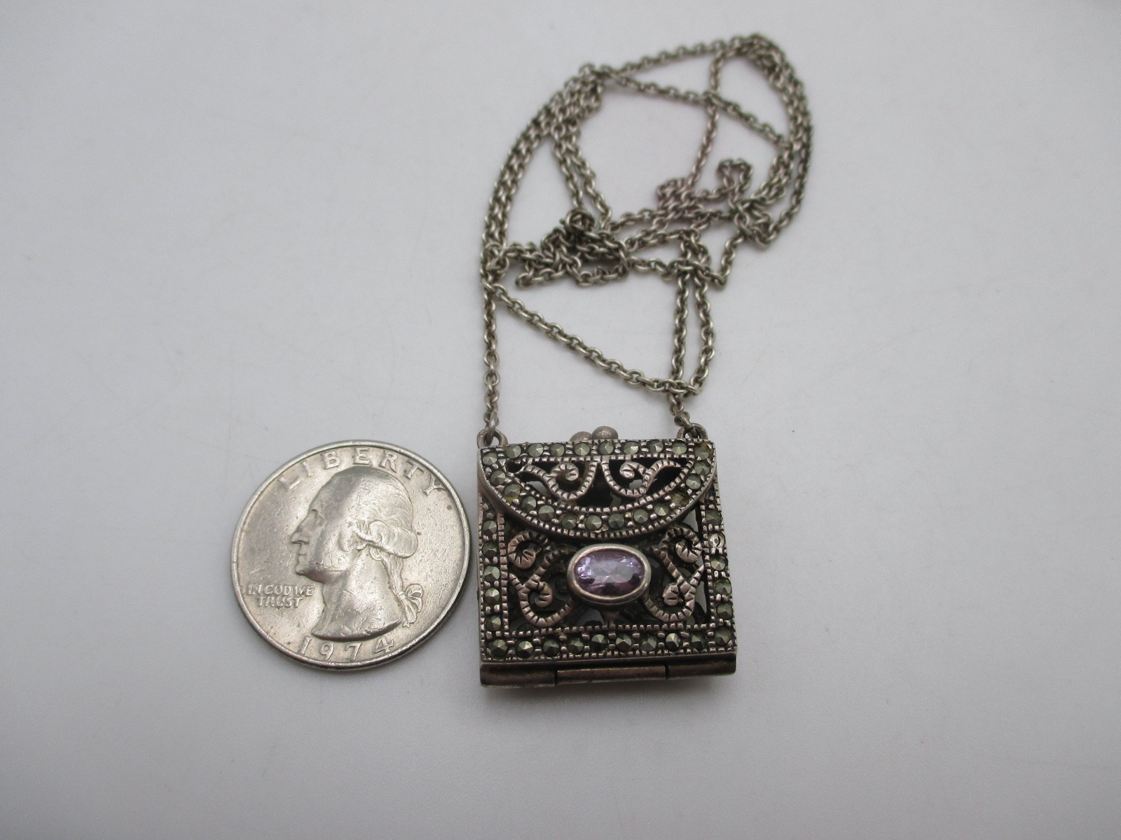 VTG Sterling Bali Scroll Amethyst Marcasite (2 missing) Purse Locket Necklace