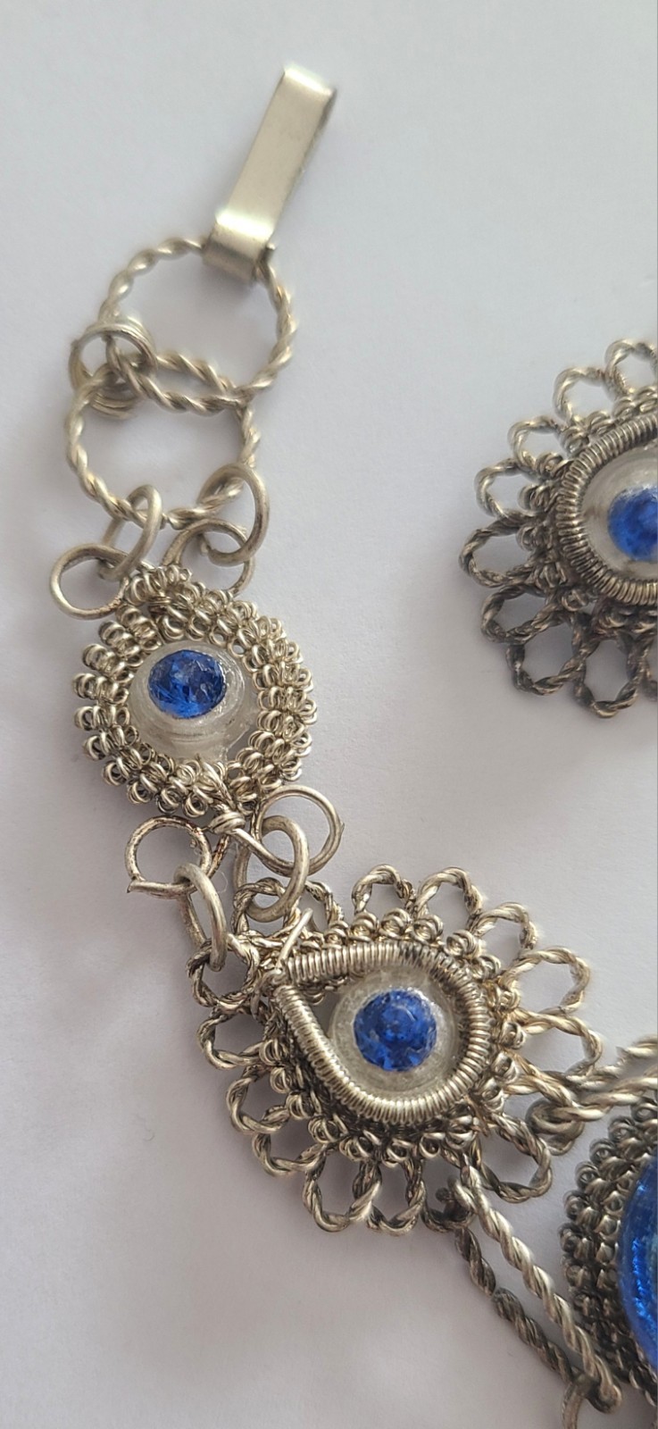 Vintage Cannetille Silver Plated Wire Bracelet And Screw Back Earrings Blue RS