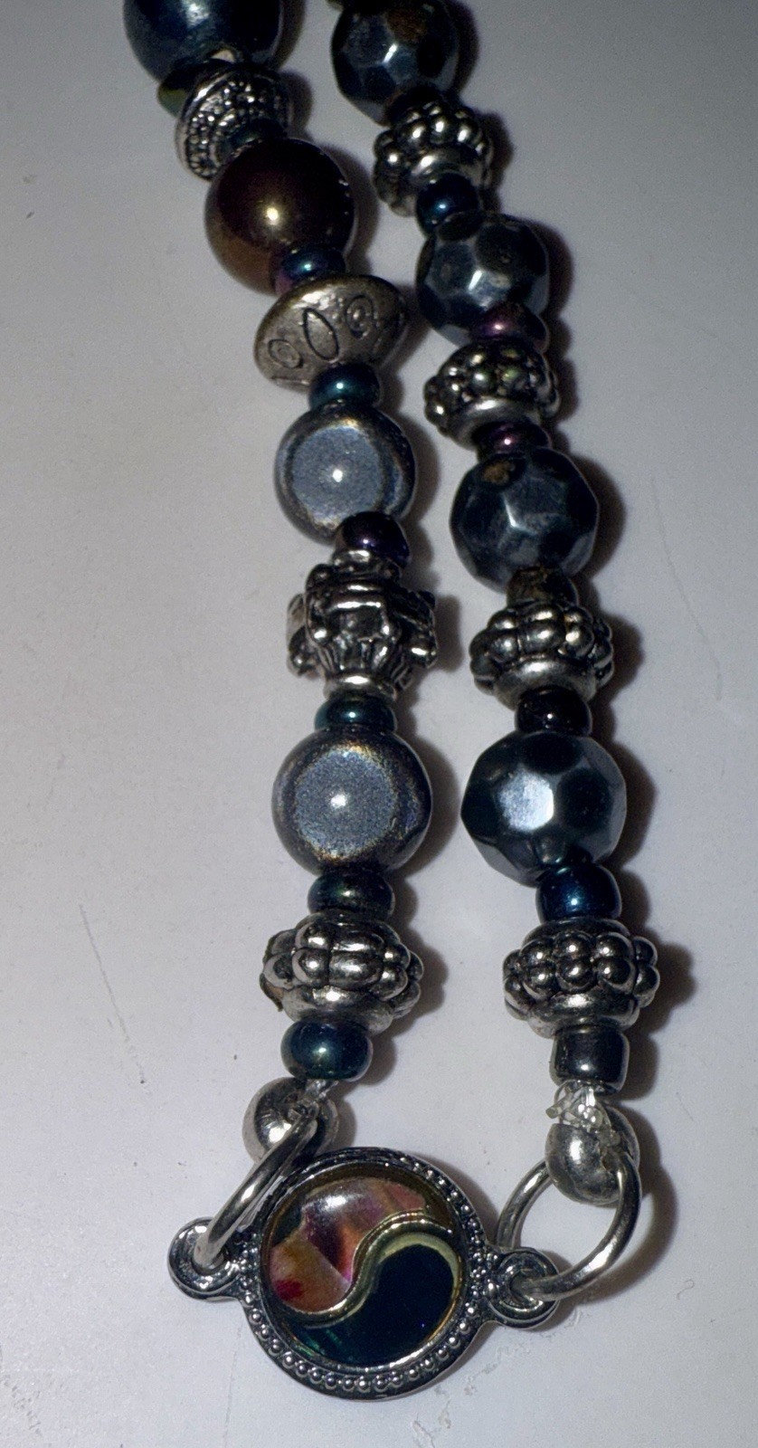 Metallic Bead Necklace Iridescent Purple, Green, White And Blue Oil Slick ~
