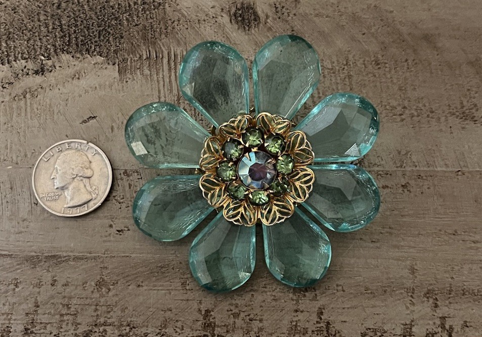 Vintage Mid Century Jumbo Lucite AB Blue Green Aqua Crystal Flower 3” Brooch