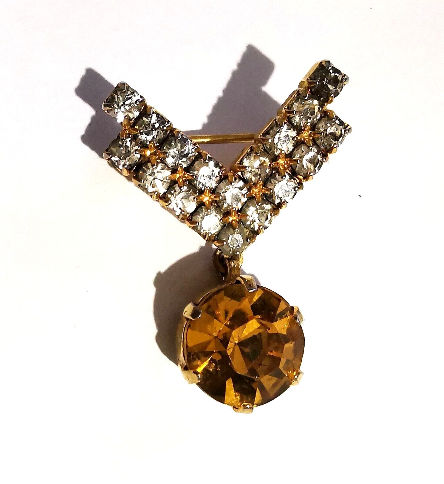 Vintage Czech Small Brooch Cognac Tone Glass Pendant Clear Rhinestones Handmade