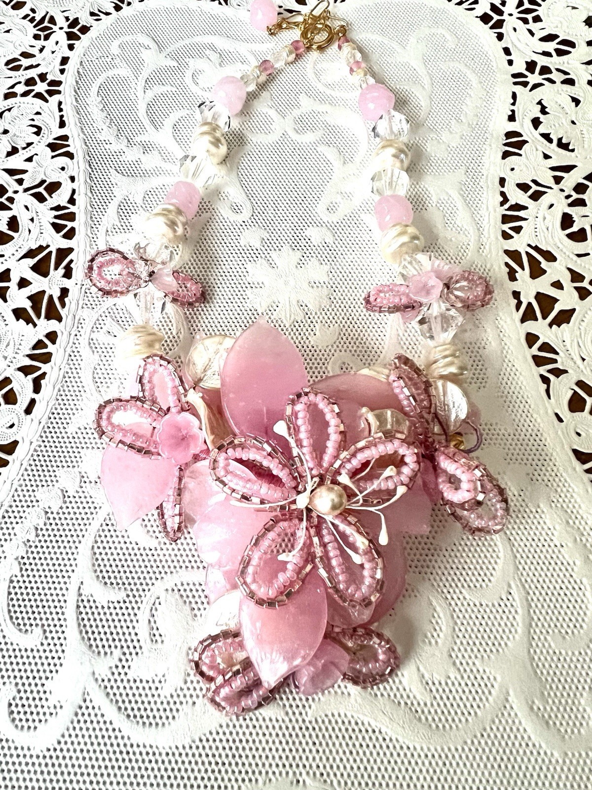 Vintage Venetian Milky Pink Flower Bead Art Glass Necklace 15″ + 3″ Extender