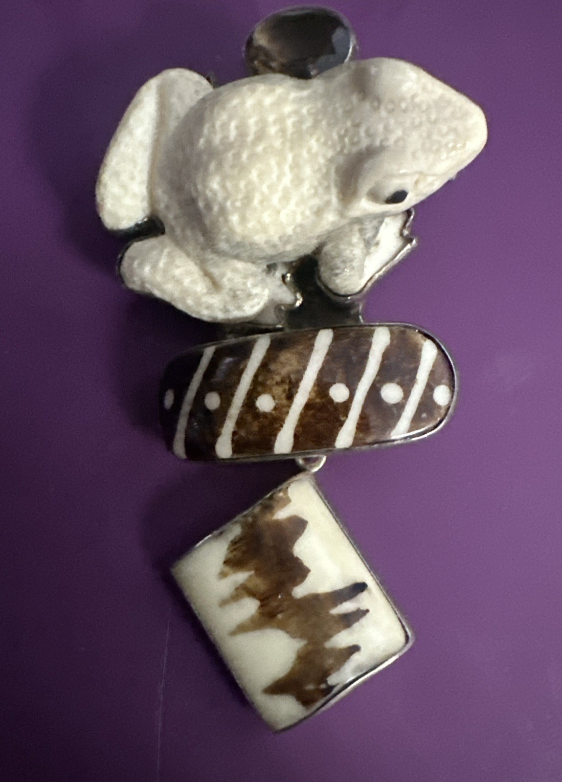 Amy Kahn Russell Sterling Silver Carved Frog Pendant/Brooch Brown Zebra Stone