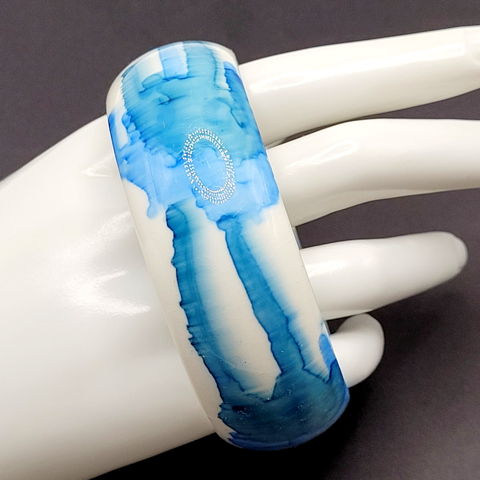 Marbled Watercolor Ink Blot Design Blue White Acrylic Chunky Bangle Bracelet