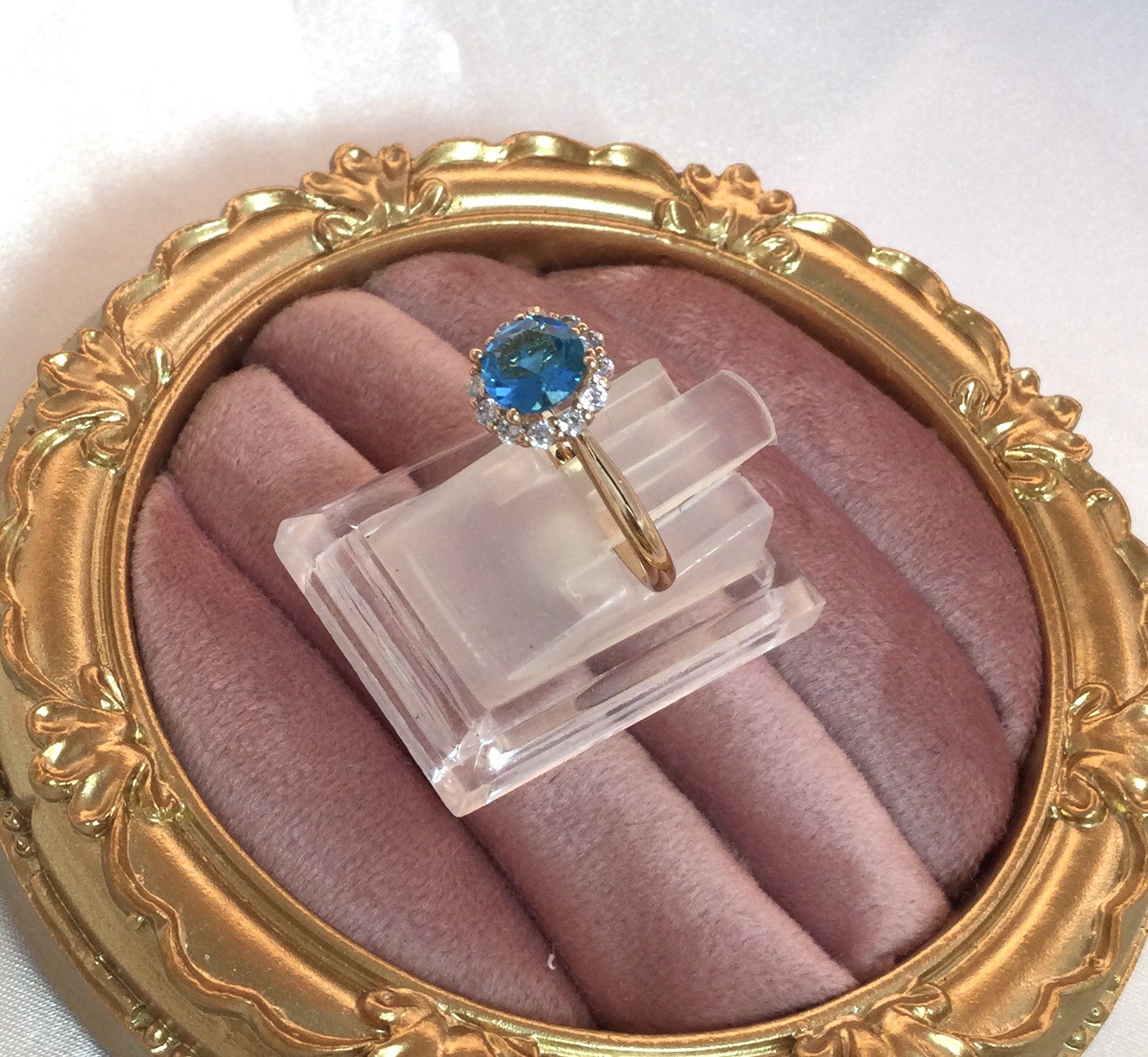 Vintage Jewellery Gold Ring Blue Topaz White Sapphires Antique Deco Jewelry P