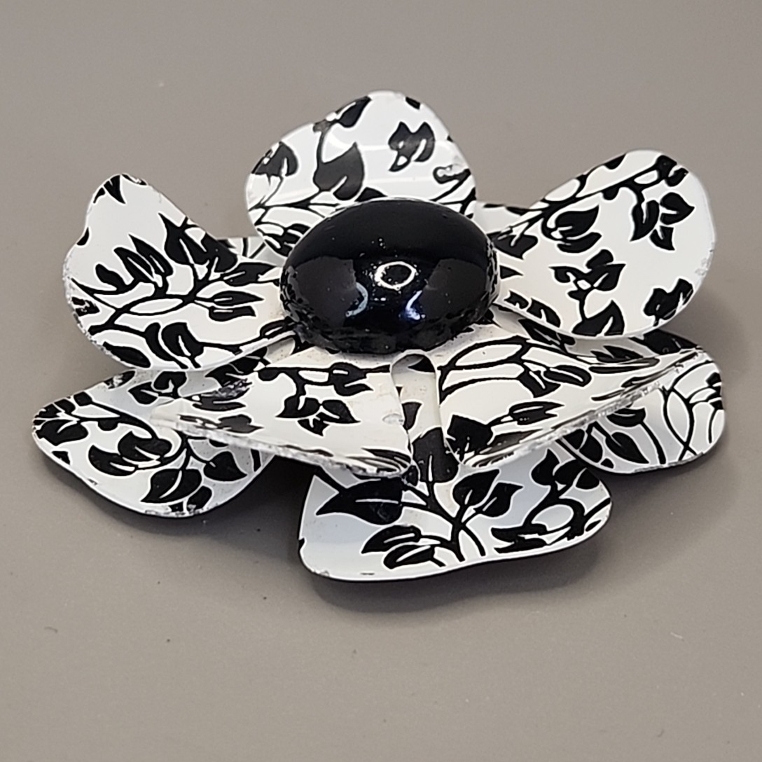 Vintage Enamel Flower Brooch White Black Vines Round 2.75″