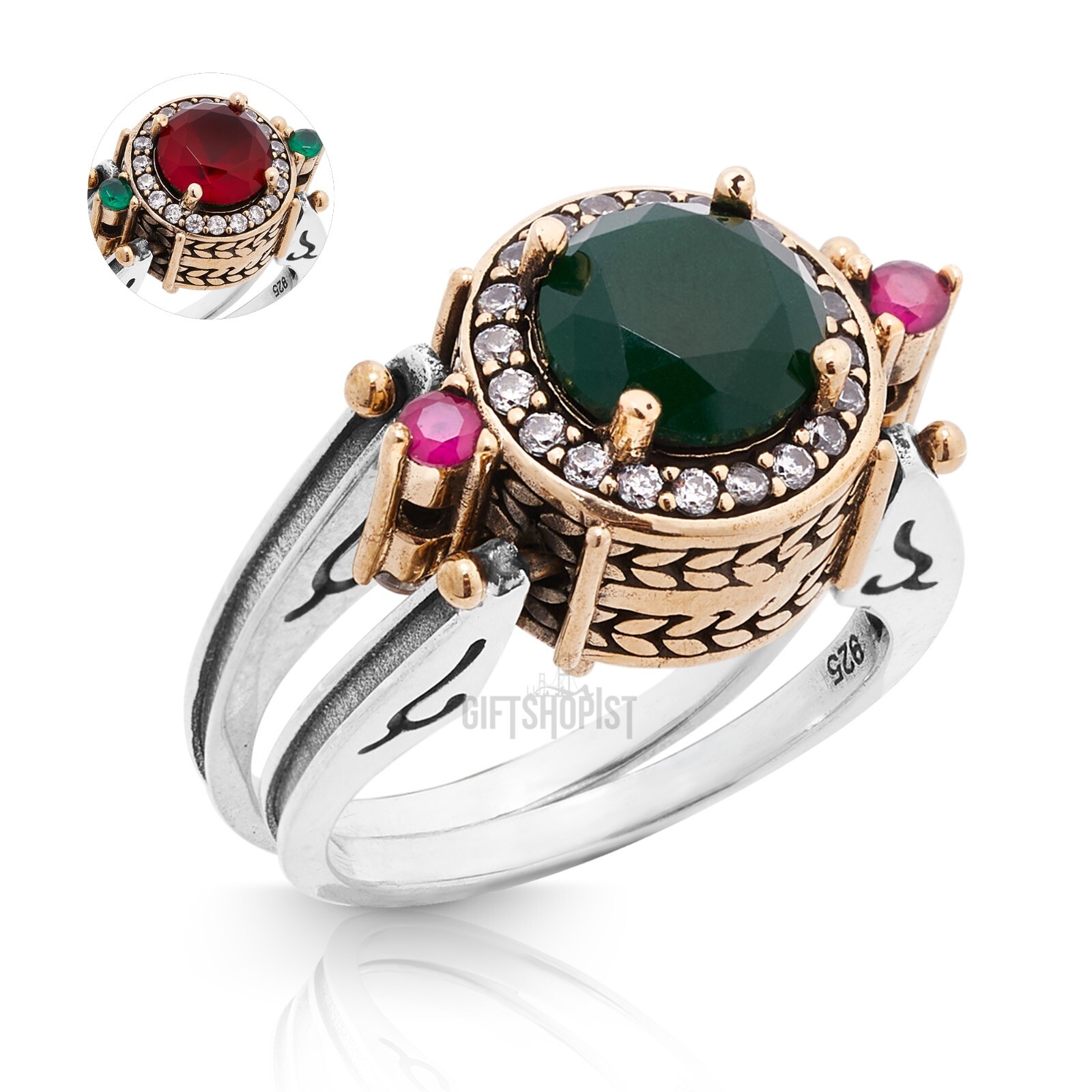 Turkish Reversible Round Emerald and Ruby Topaz 925 Sterling Silver Ring
