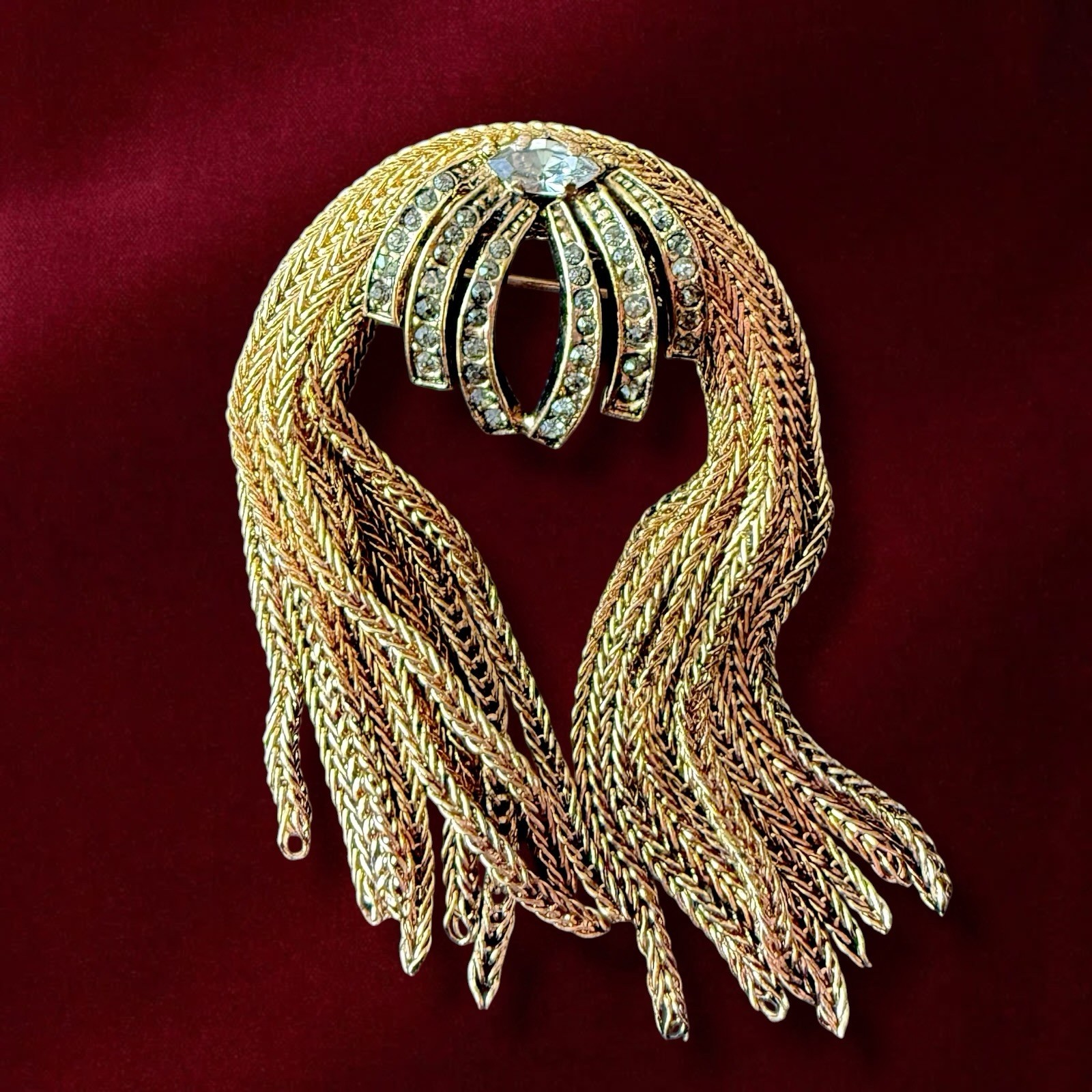 Tassel Brooch Gold Tone Rhinestone Mid Century Vintage Pin Fringe Waterfall