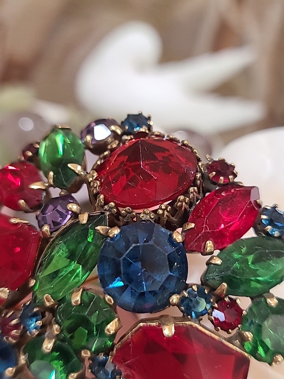 Vintage WEISS Green Red Multi Rhinestones Gold Tone Brooch Signed Estate Costume