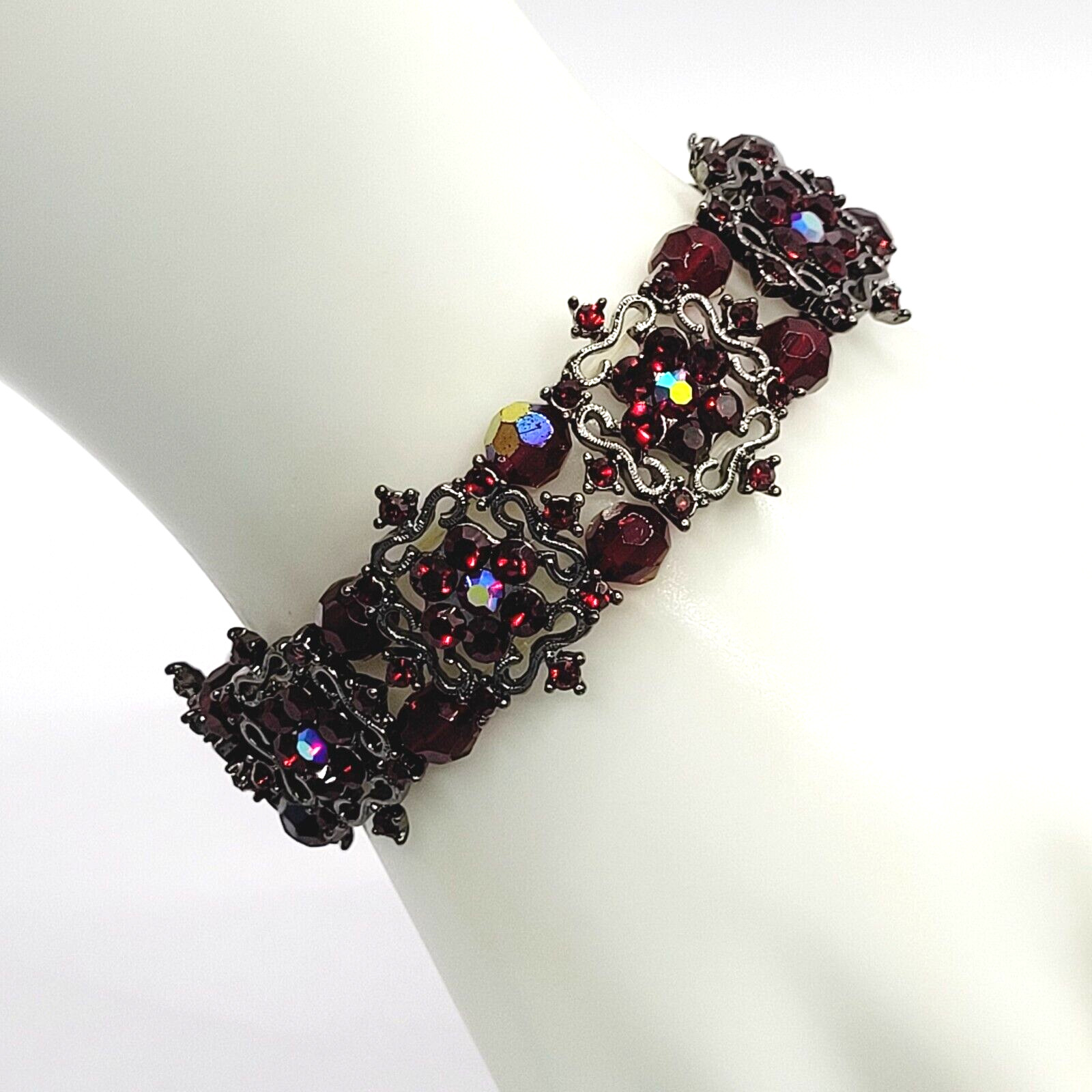 Red AB Crystal Sparkle Flower Floral Metal Ornate Fancy Event Stretch Bracelet