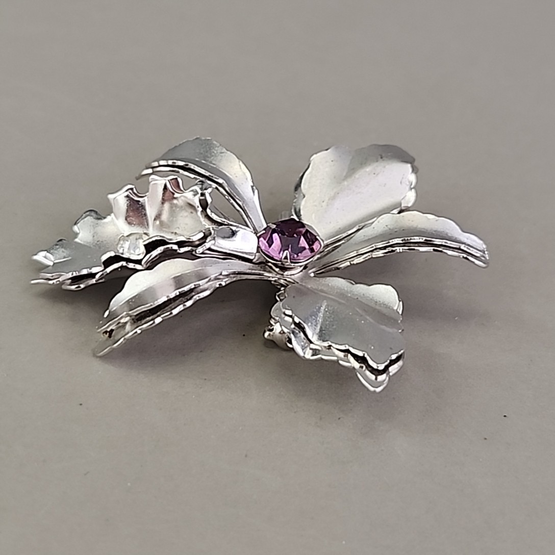 Vintage Flower Brooch Orchid Purple Rhinestone Silver Tone 2″