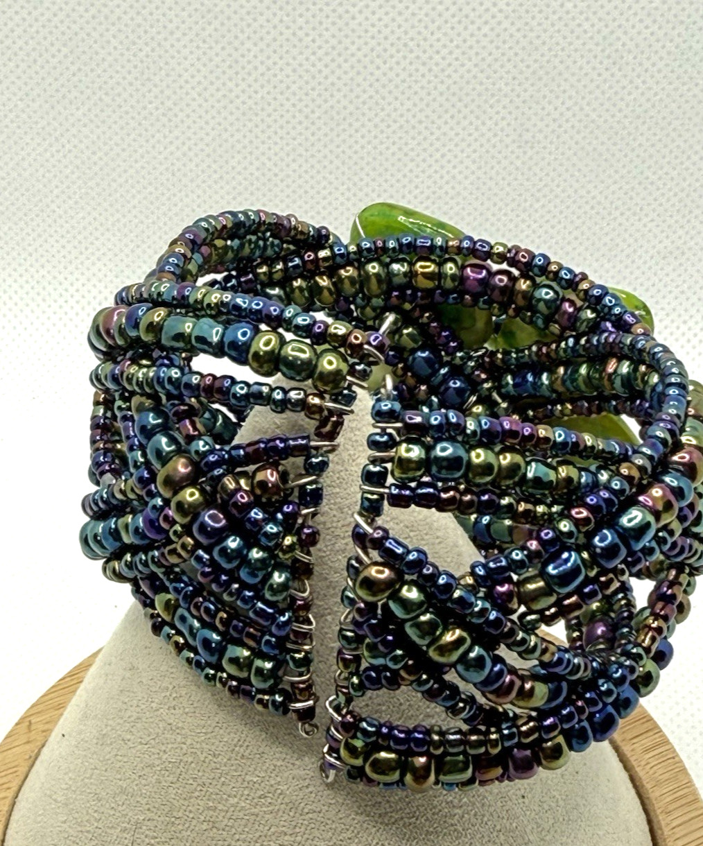Vintage MOP Shell Flower Cuff Bracelet Iridescent Seed Bead Multi Strand Boho