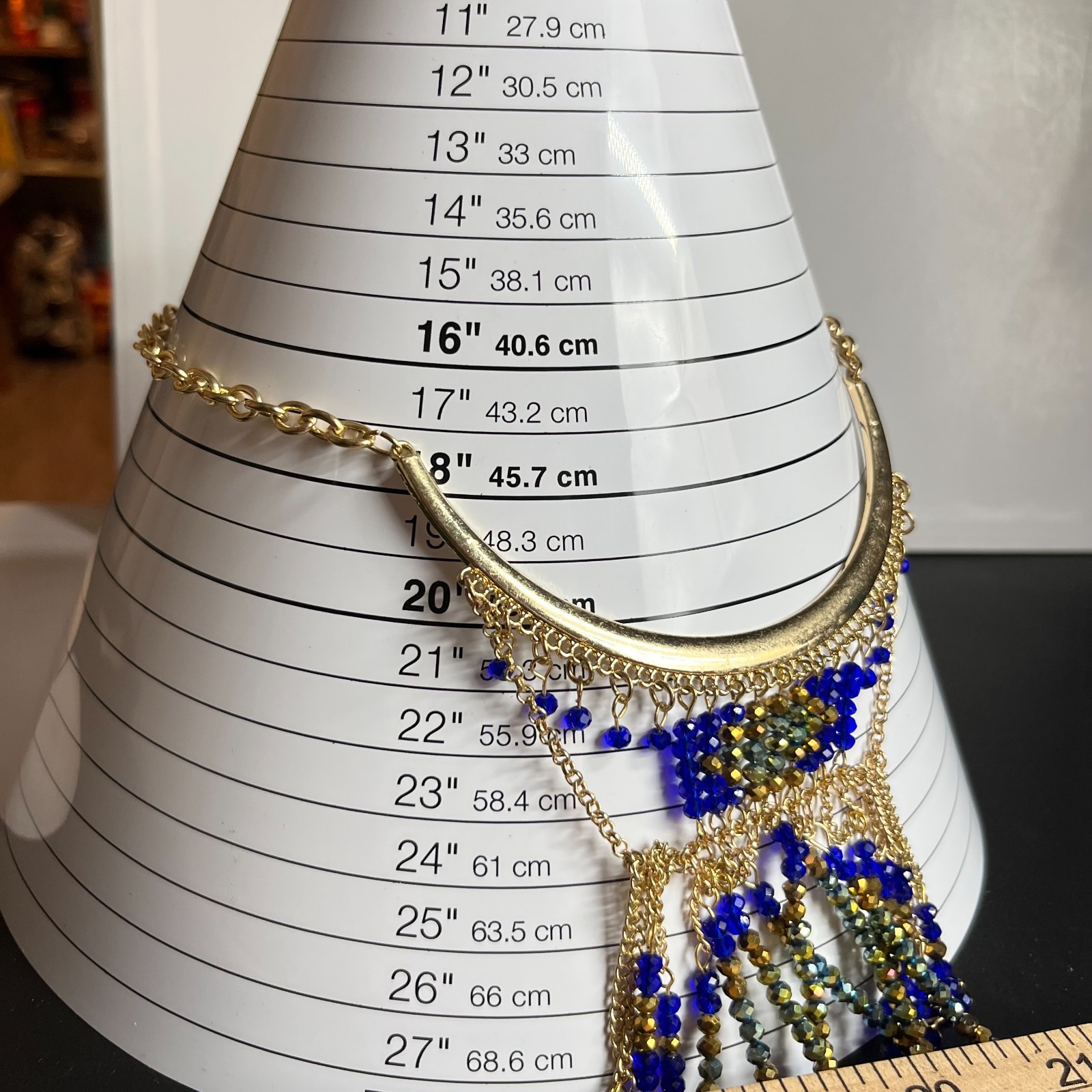 Vintage Retro Gold Tone Cobalt Blue Beaded Fringe Statement Bib Necklace Fashion
