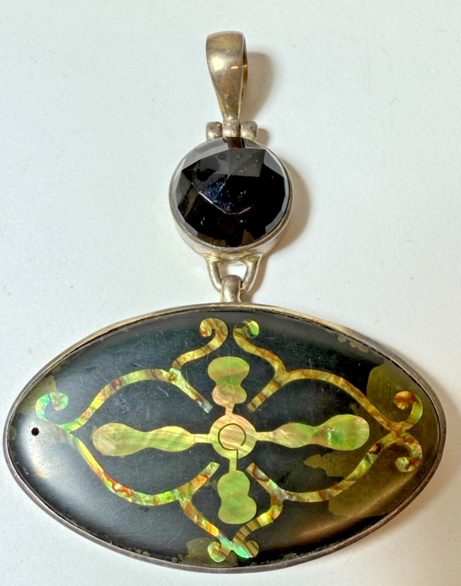 Mexican Sterling Silver Pendant Onyx and Abalone Inlay Large Vintage 38g