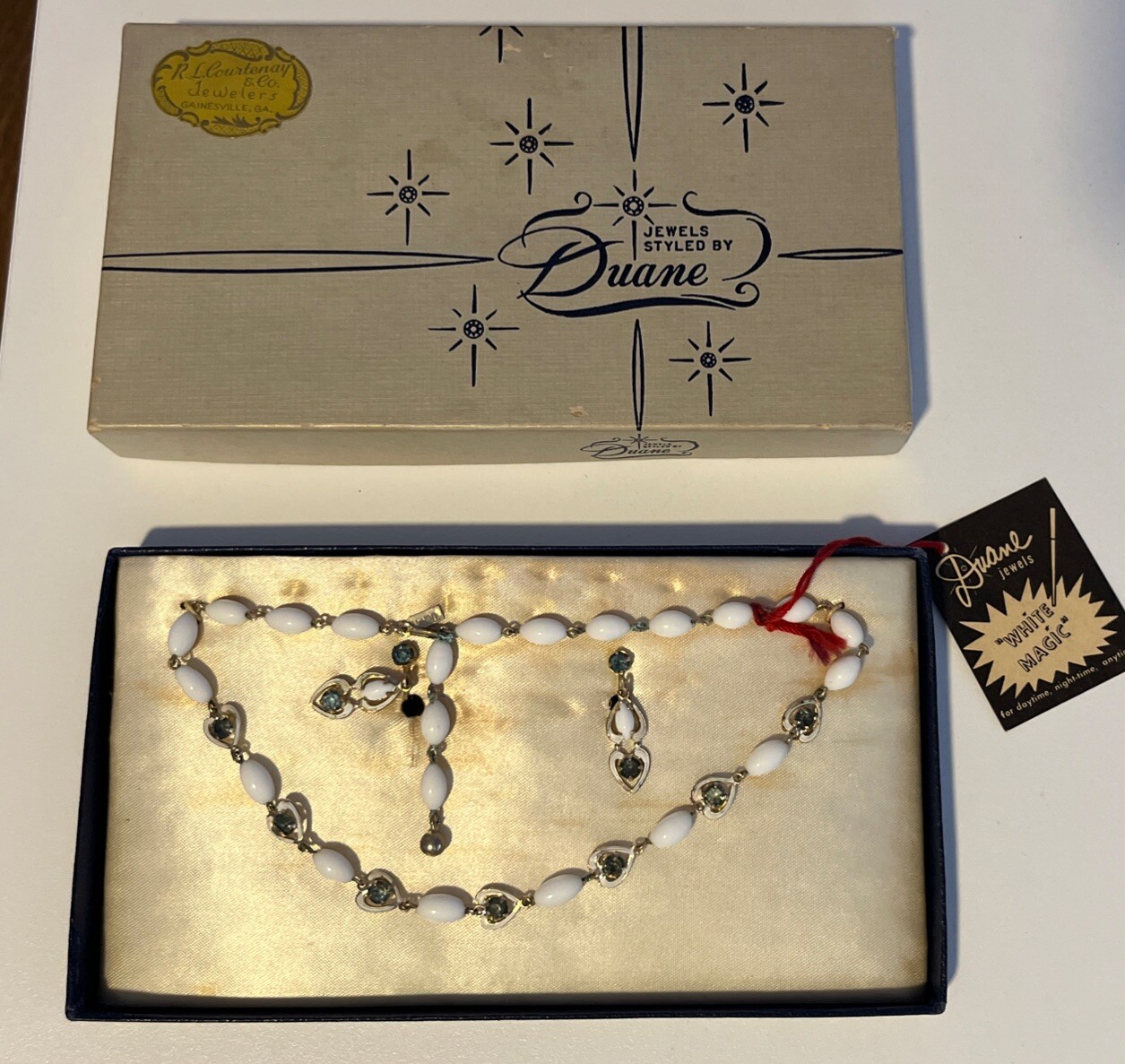 Vtg Jewels Styled by Duane Rhinestone & White Stones Choker Earrings 50s Boxed