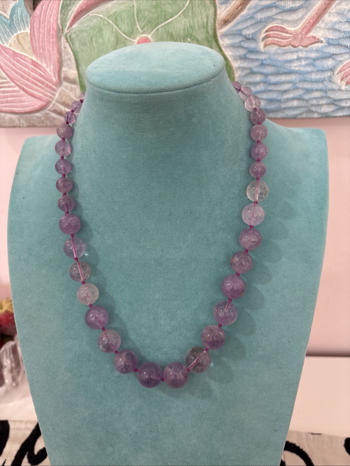 Vintage Chinese Export Sterling Silver Clasp Hand Knotted Amethyst Necklace 20″