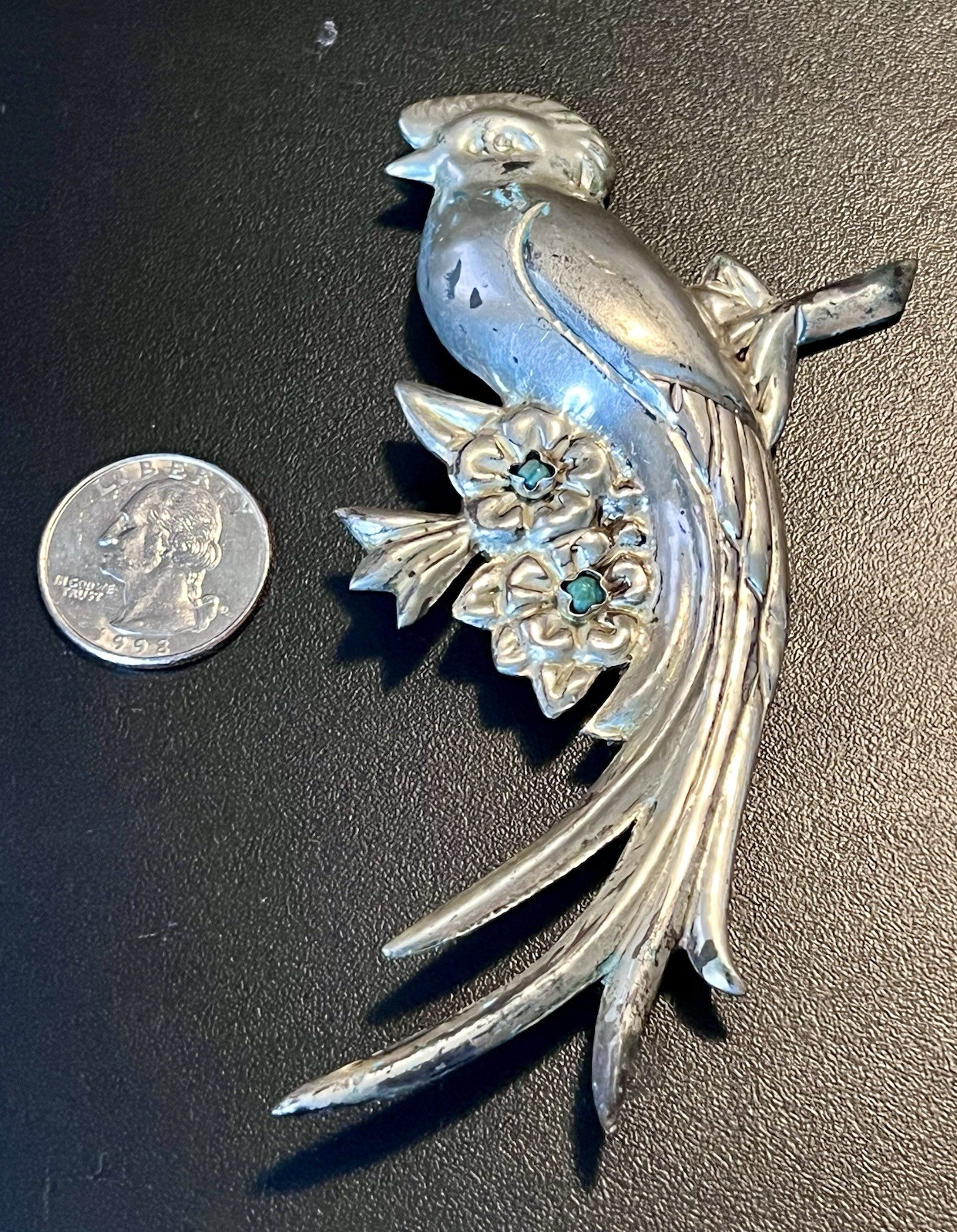 Vintage Sterling Silver Turquoise Beads Parrot Bird Brooch Mexico 4.5″!