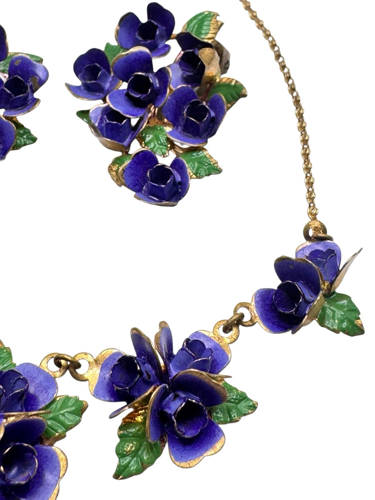 Vintage Enamel Pansy Violet Flower Necklace Earrings Set Suffragate Era