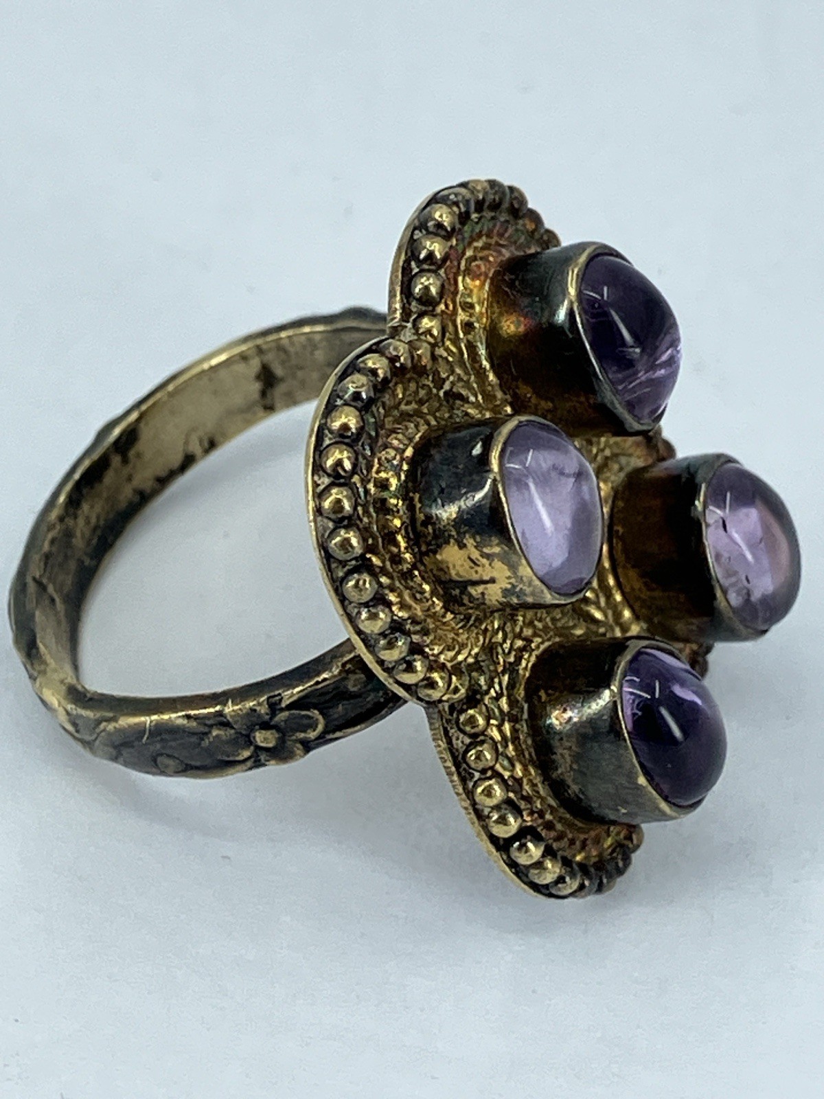 Vintage Sterling Amethyst Ring Boho Cabochon Cluster Gold Wash Silver 925