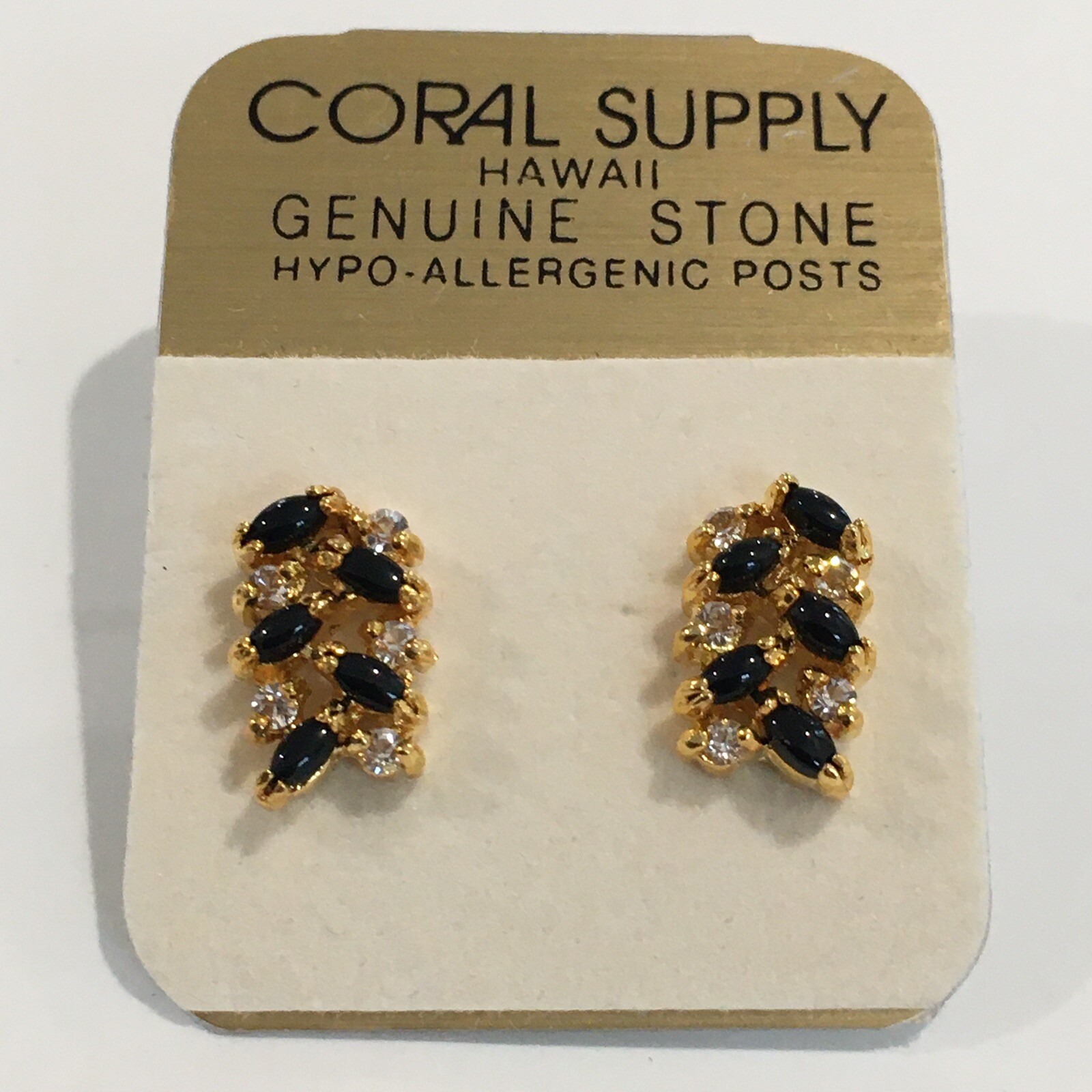 Coral Supply Genuine Stone Hawaii Black Onyx Earrings Gold Tone New Old Stock