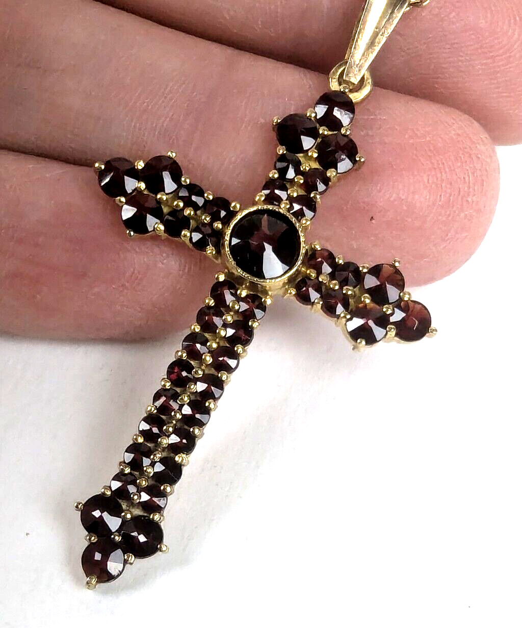 Lg Czech Bohemian Garnet Cross 900 Gilded Silver Pendant on 24″ GF 12K Chain