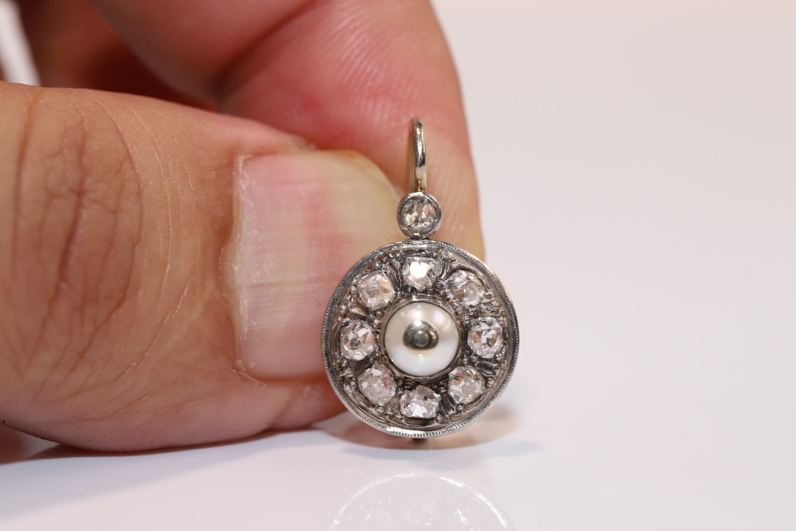 Antique Circa 1900s 18k Gold Natural Old Cut Diamond And Pearl Earring