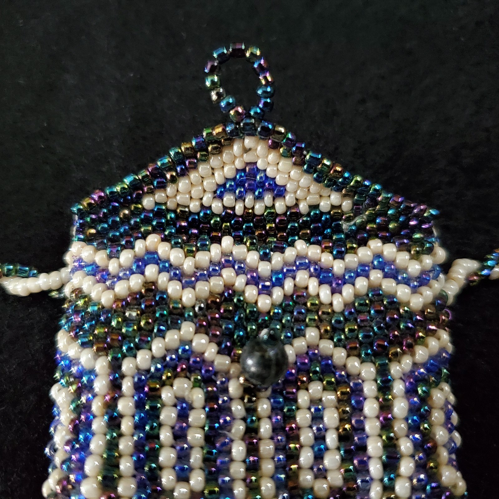 Vintage Mini Purse Necklace Seed Beaded Coin Pouch Artisan Oil Slick 24″ READ