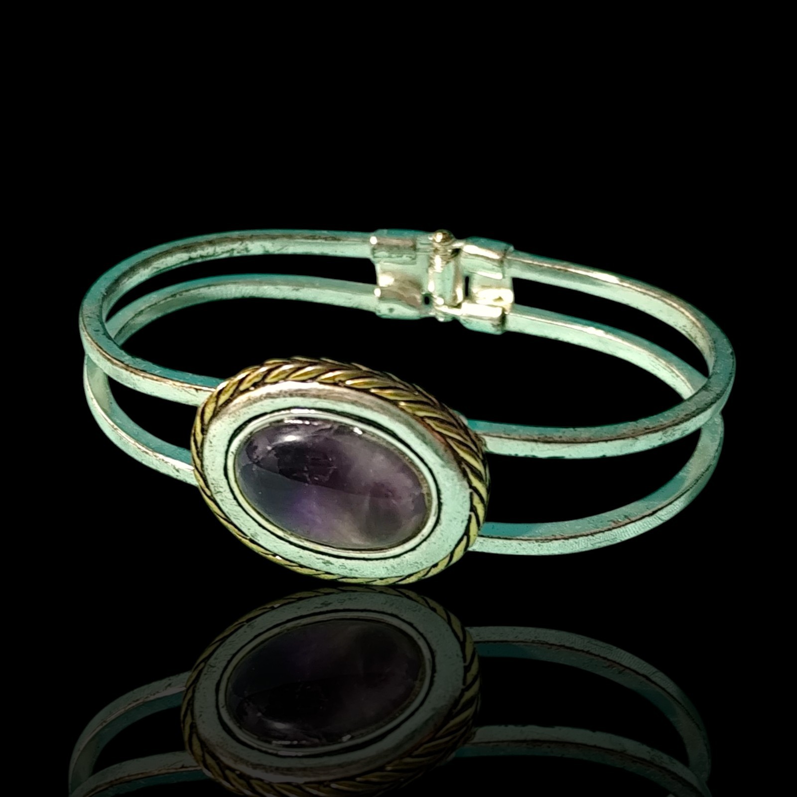 Silver & Gold Plated Purple Fluorite Oval Bangle Bracelet 7.5in